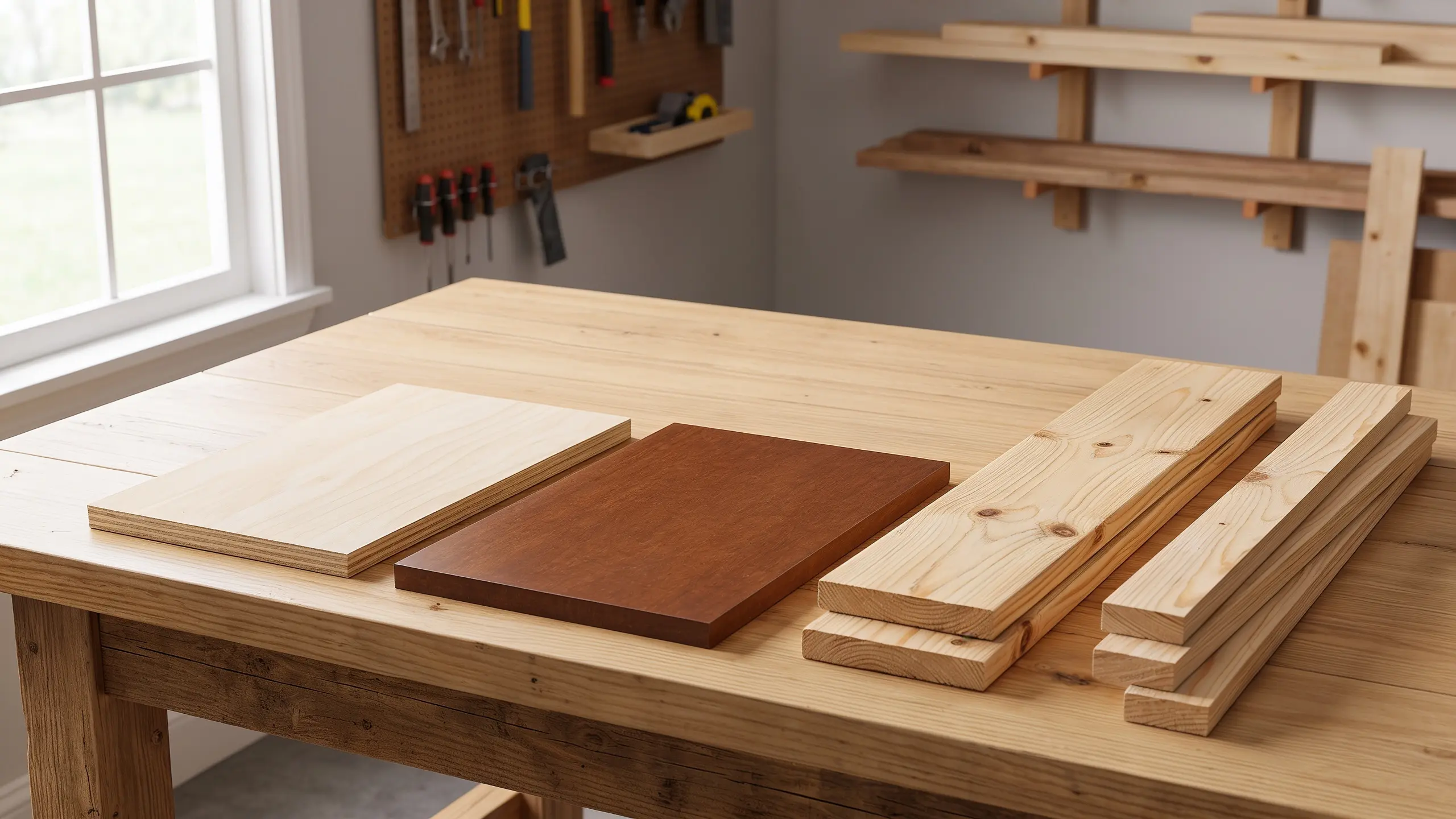 Comparing DIY pantry shelf materials including plywood, MDF, pine boards, and woodworking supplies.