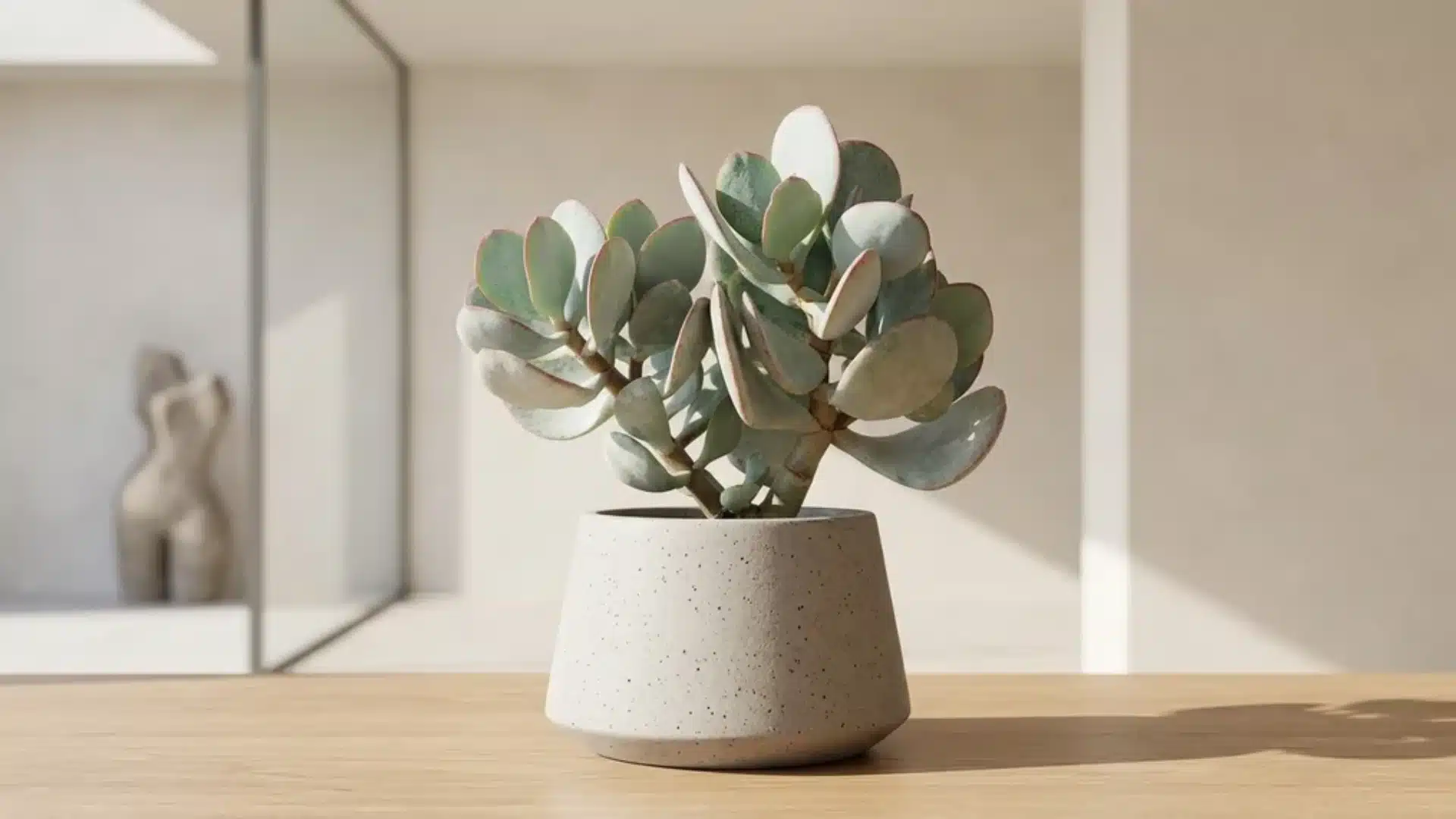 Silver Dollar jade with round flat silvery-blue leaves and red-tinged edges in a ceramic pot.