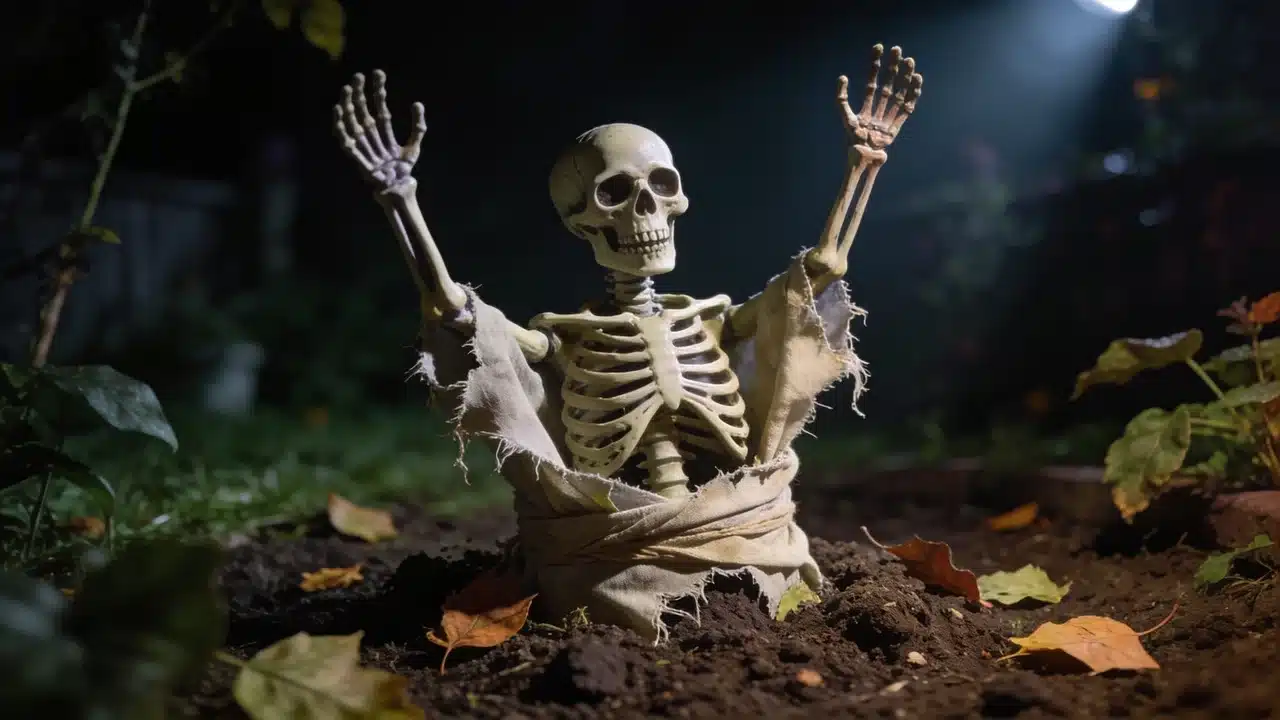 Skeleton decoration emerging from the ground in a Halloween yard.