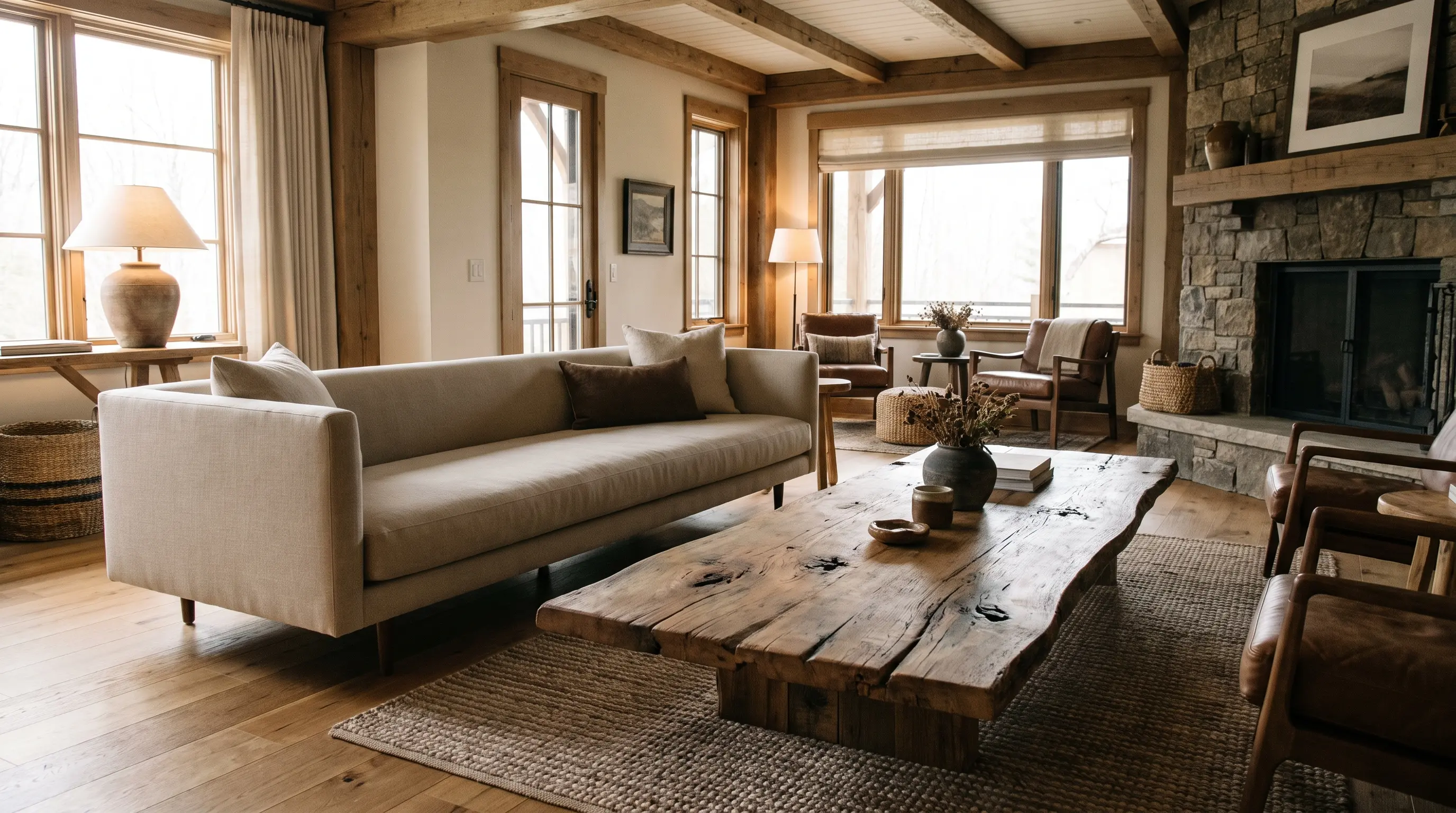 Modern rustic living room with a sleek sofa and reclaimed wood coffee table