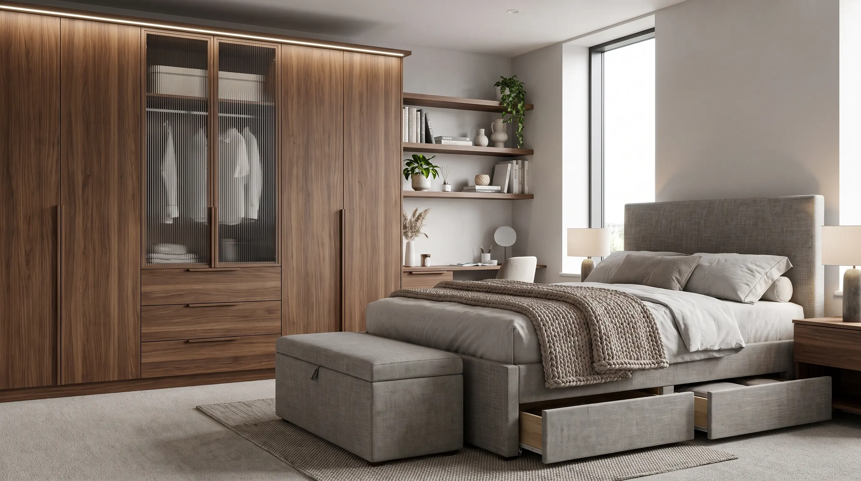Master bedroom with built in storage and organized wardrobe space
