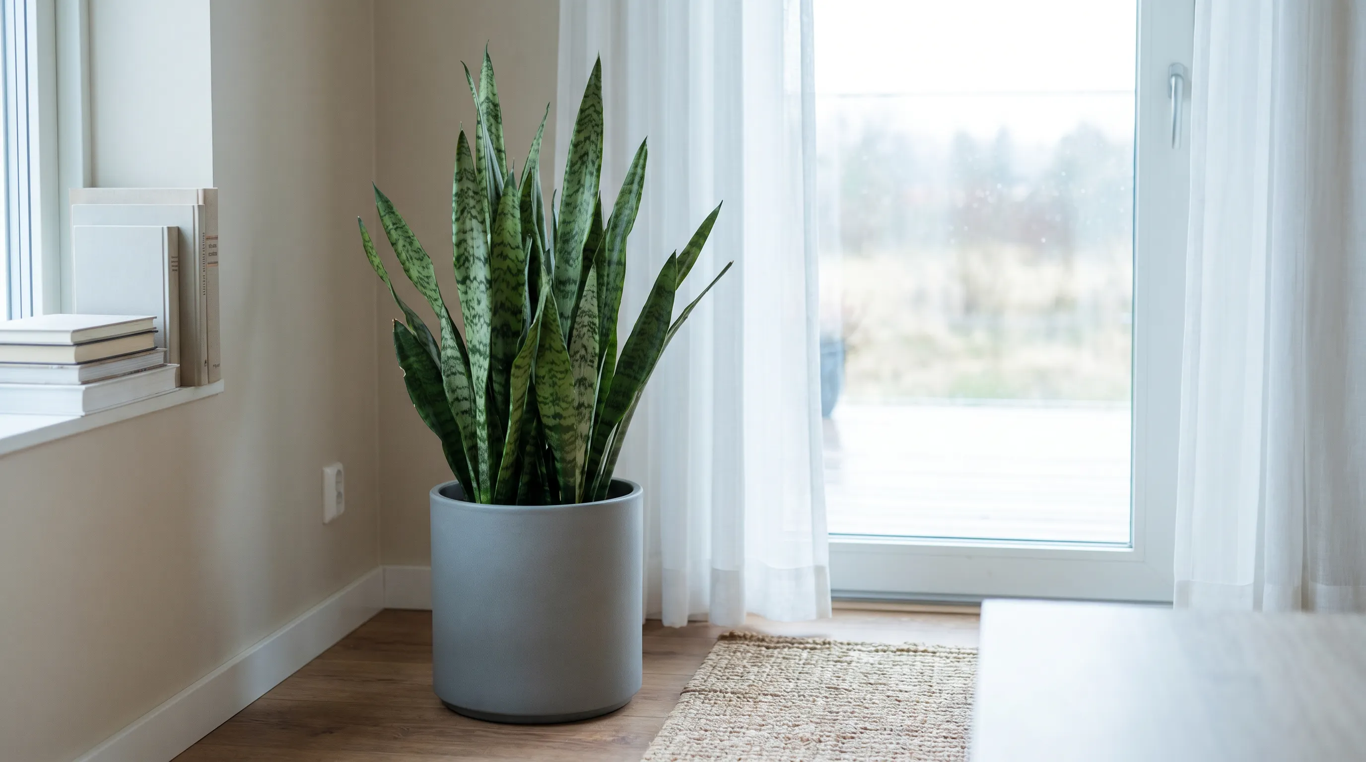 Tall snake plant shown among popular north facing window plants placed near a window with gentle diffused daylight.