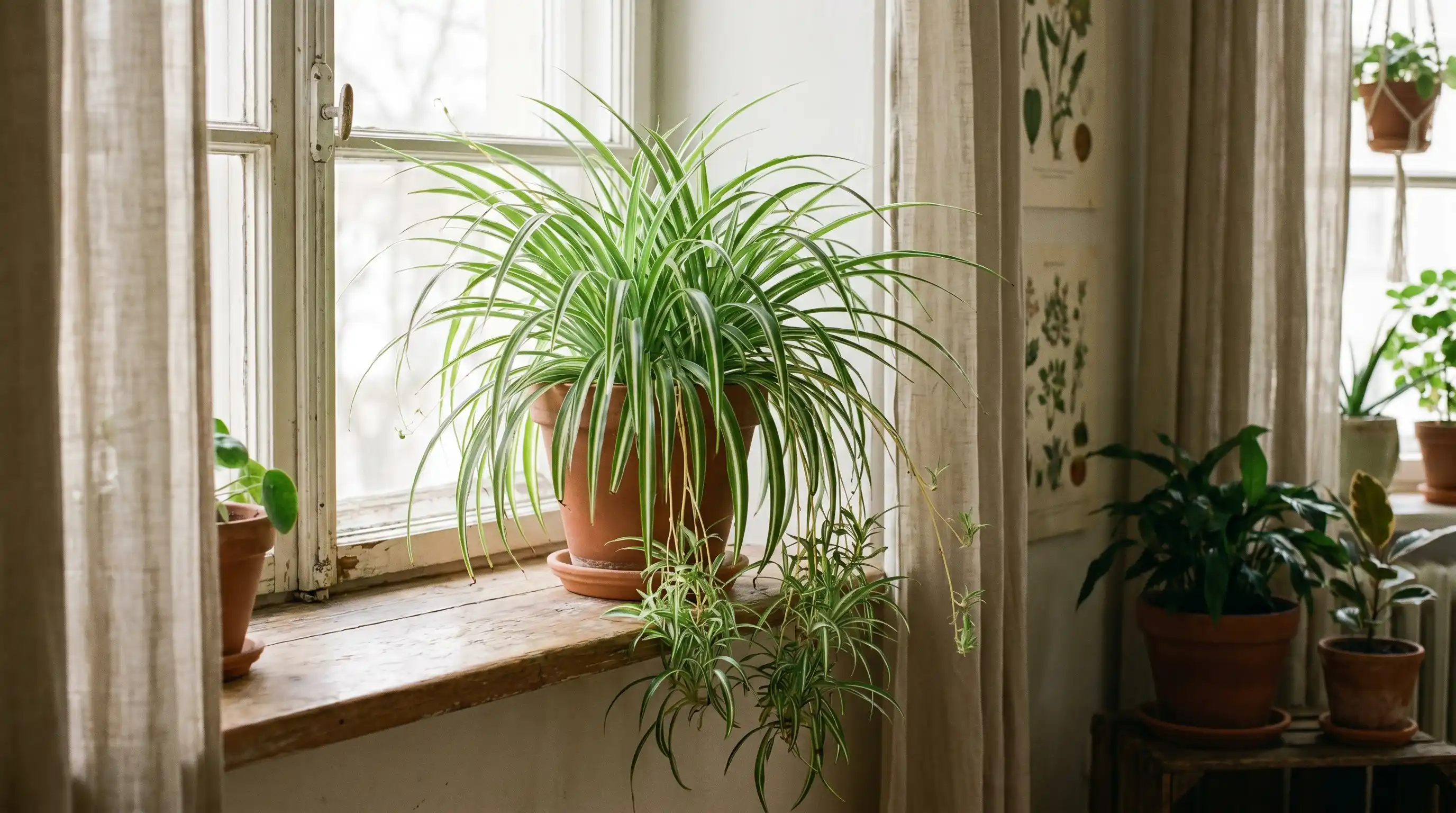 Spider plant with arching leaves highlighted as resilient north facing window plants suitable for shaded windowsills.