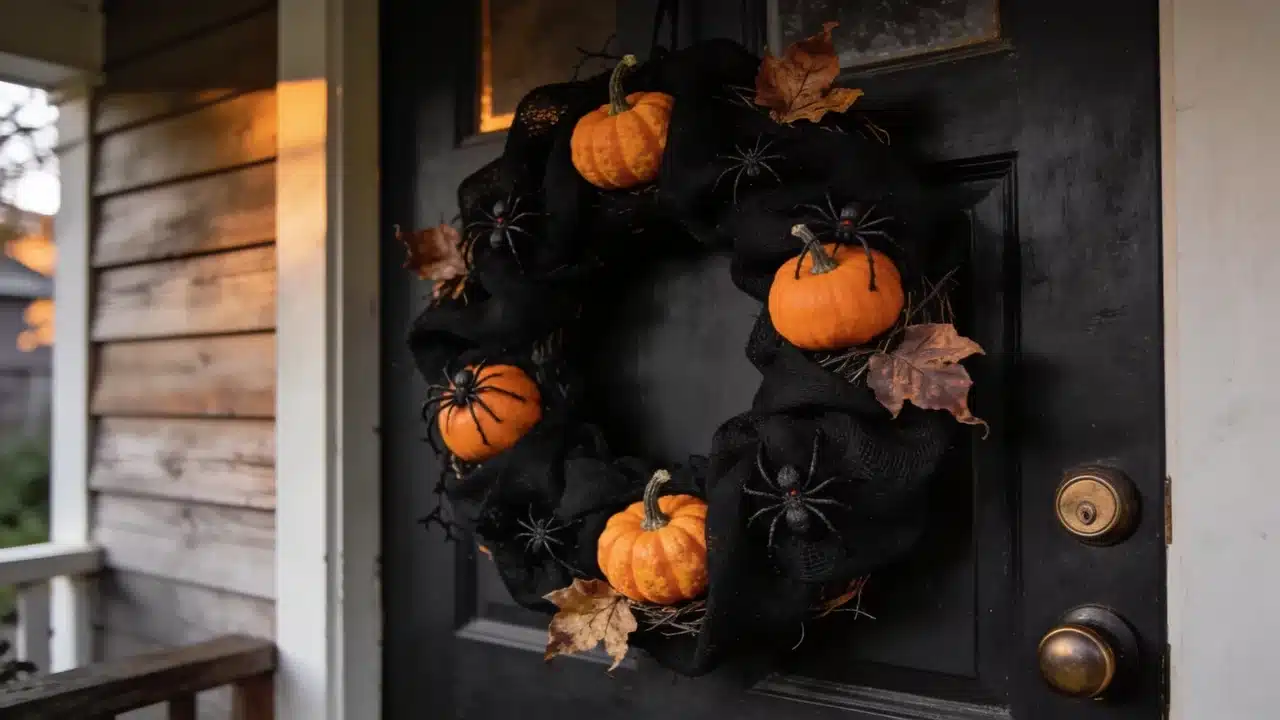 DIY Halloween door wreath with spiders and pumpkins on a front entrance.