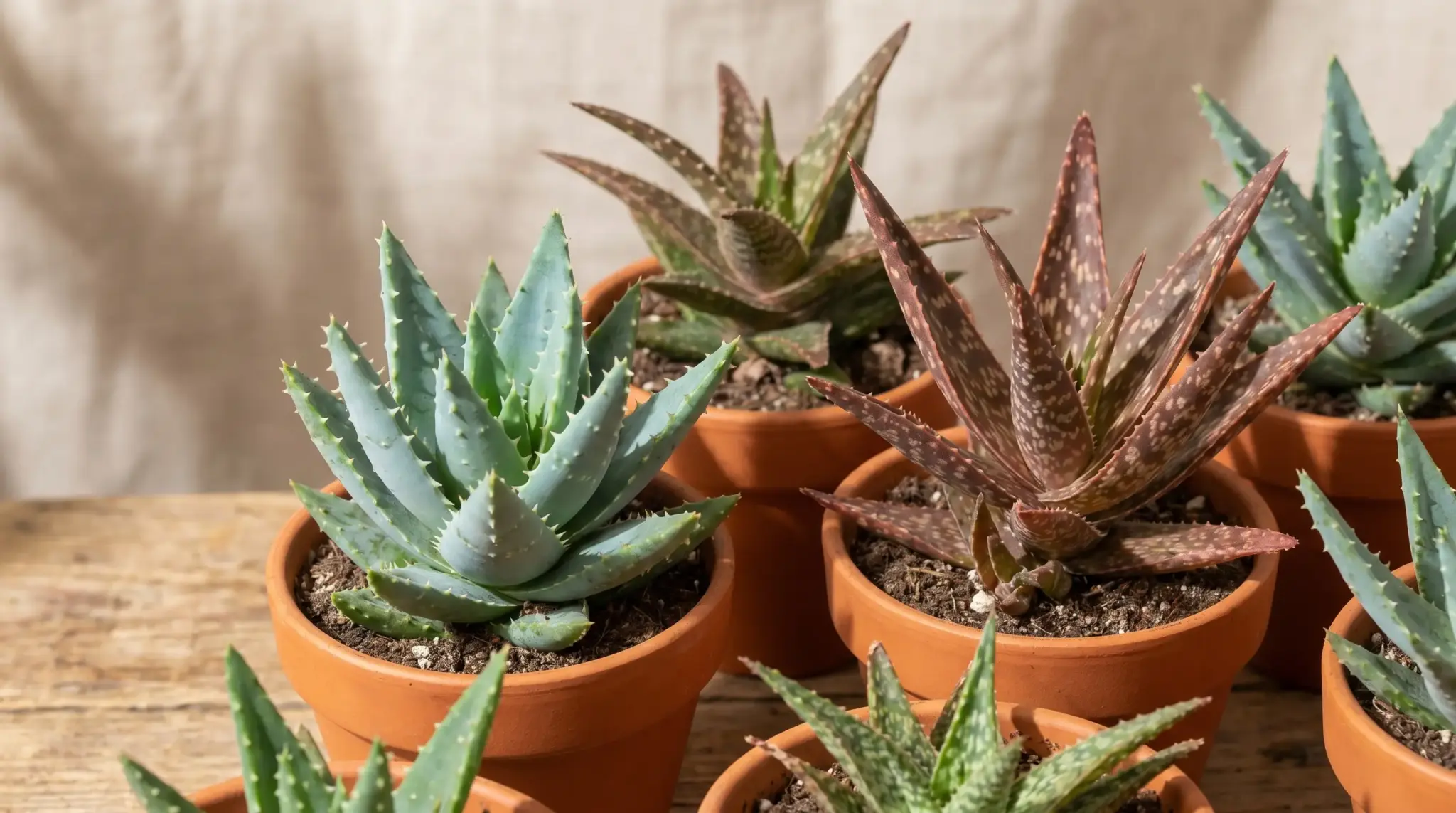 Rare types of aloe plants including spiral aloe and unique varieties arranged in pots with detailed leaf patterns.