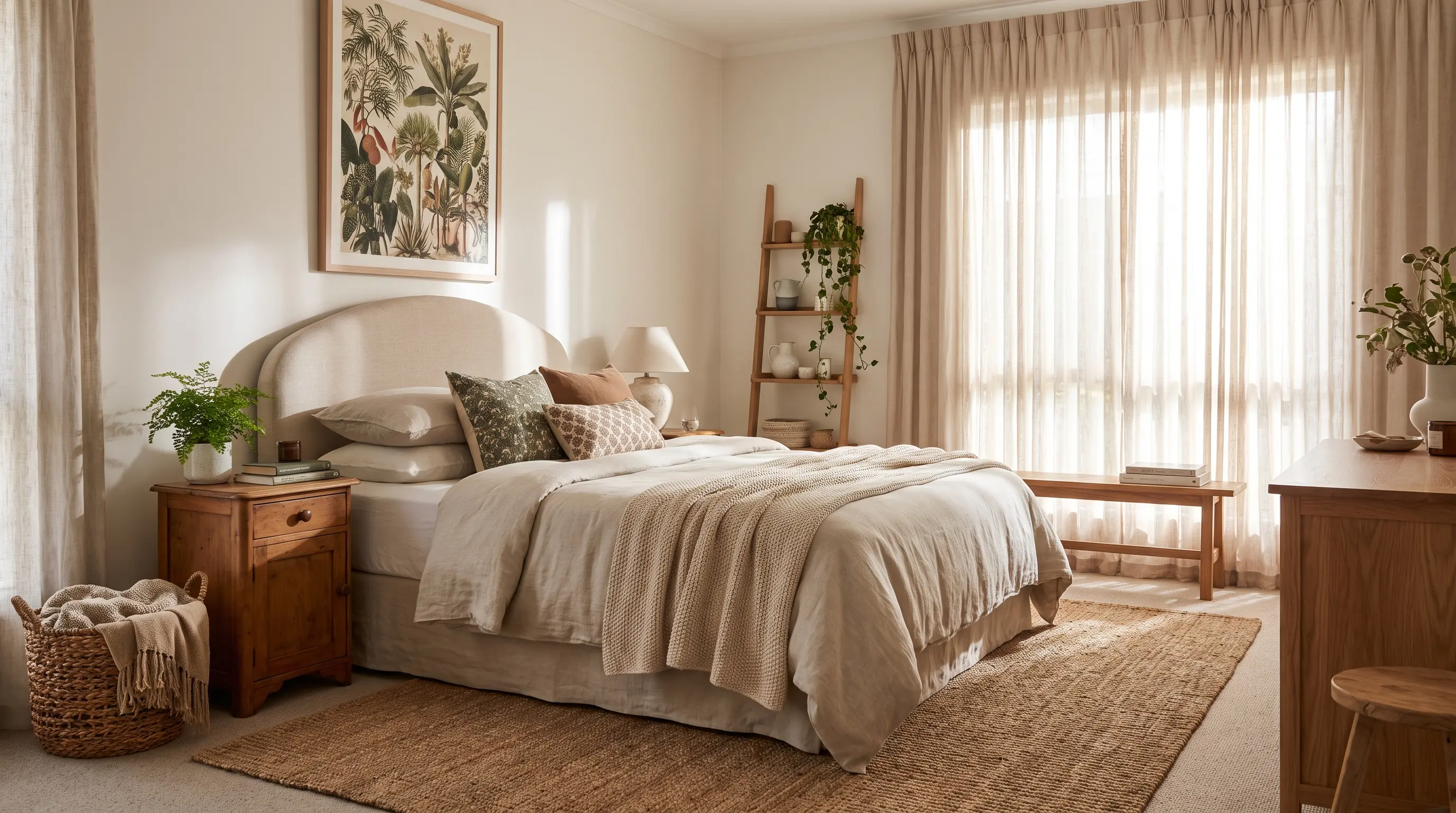 Master bedroom with indoor plants on nightstands and in corners
