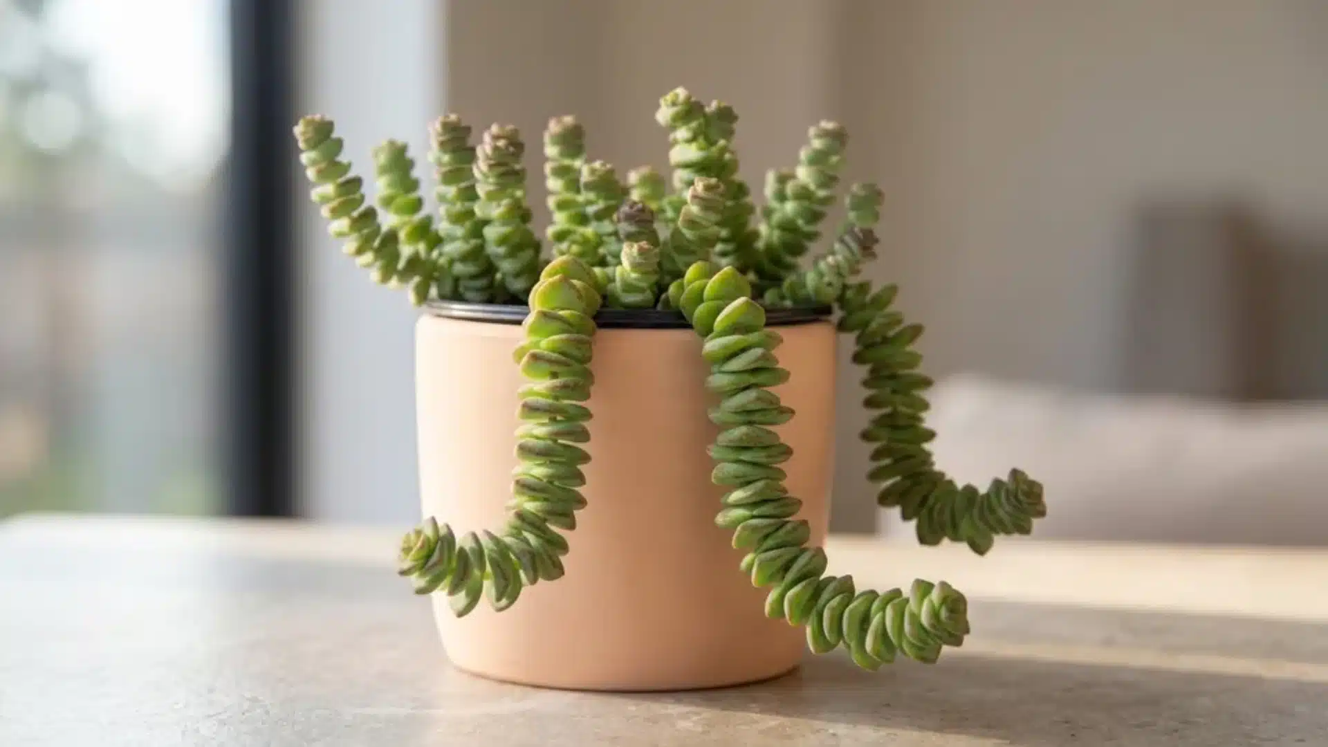 A trailing string of buttons succulent spilling over a terracotta pot on a table with soft indoor light and blurred background