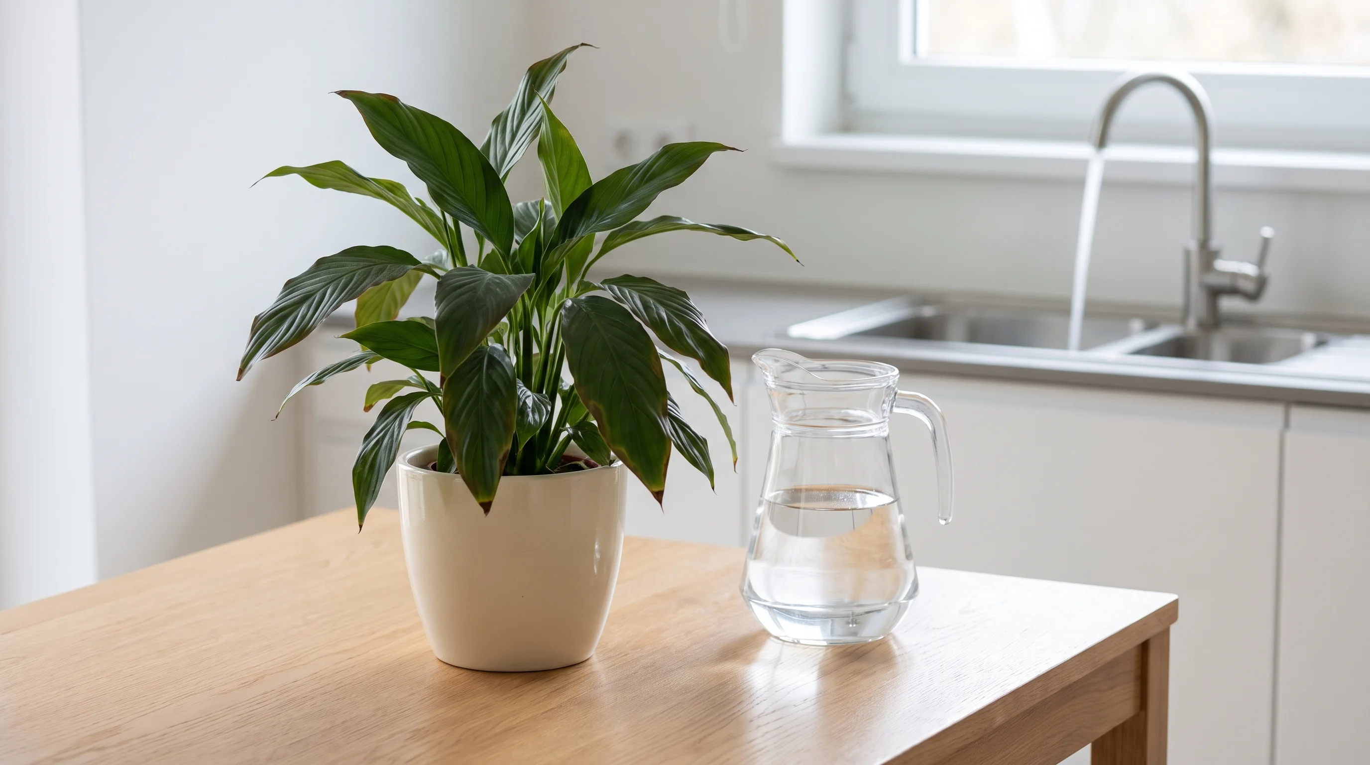 Peace lily brown tips caused by tap water chemicals and mineral buildup showing leaf edge burn on houseplant.