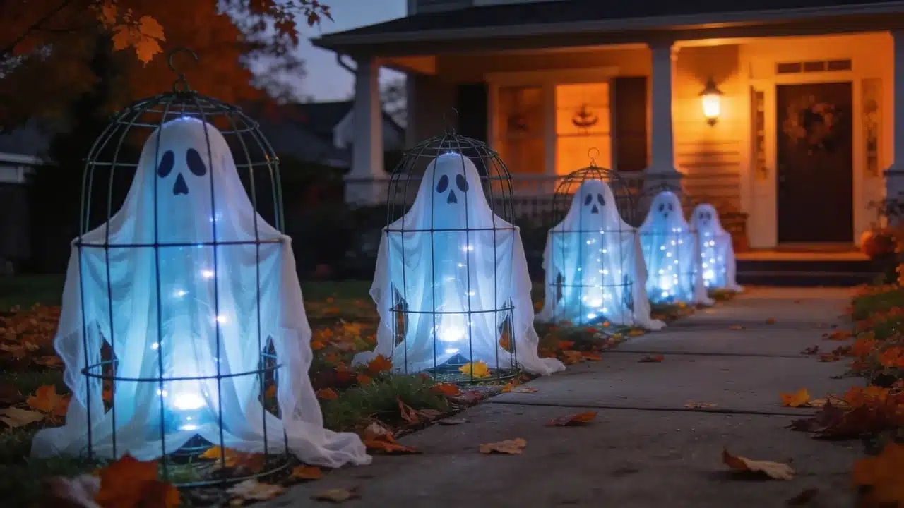 DIY outdoor Halloween decorations with glowing tomato cage ghosts along a front walkway