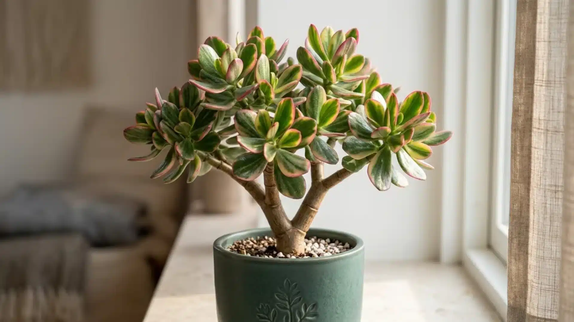 A tricolor jade succulent with green, cream, and pink-edged leaves growing in a simple pot on a bright indoor surface.