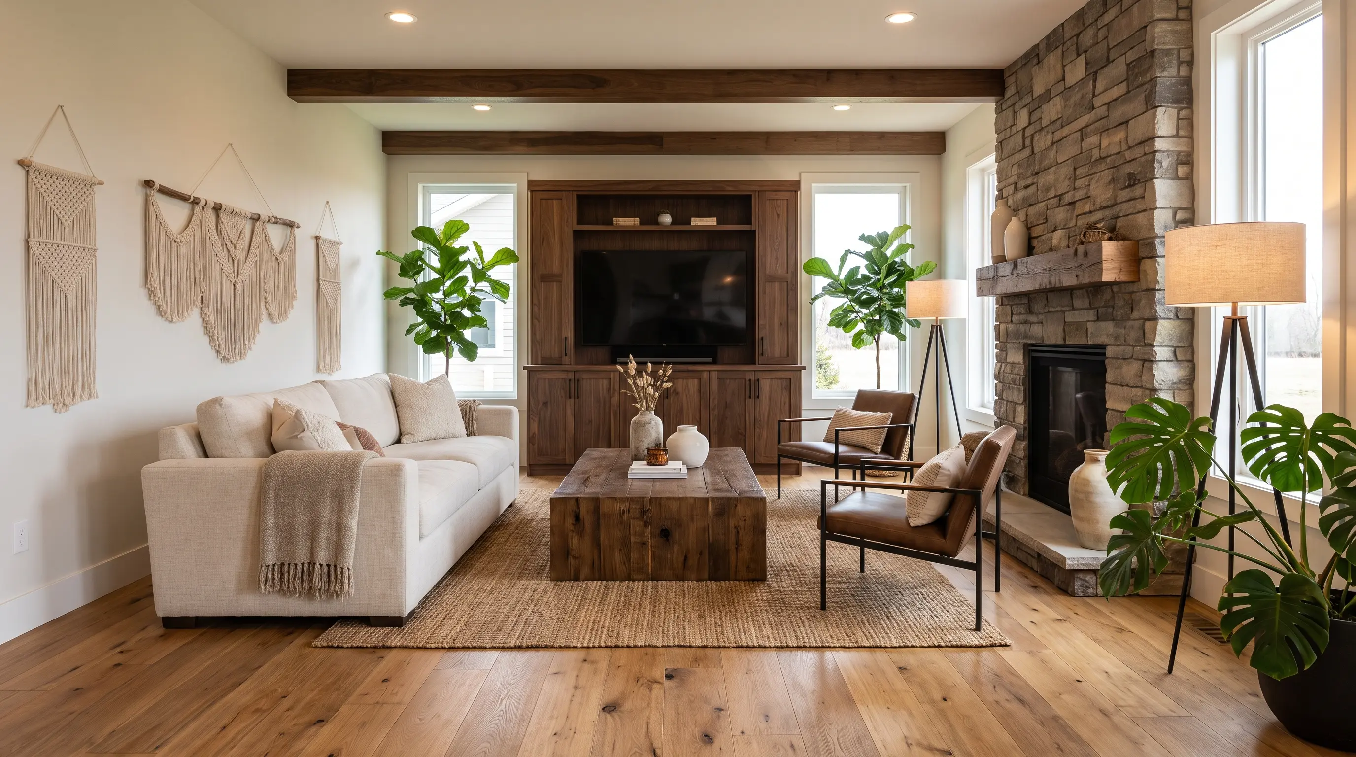Modern rustic room combining light oak flooring with darker walnut furniture for contrast