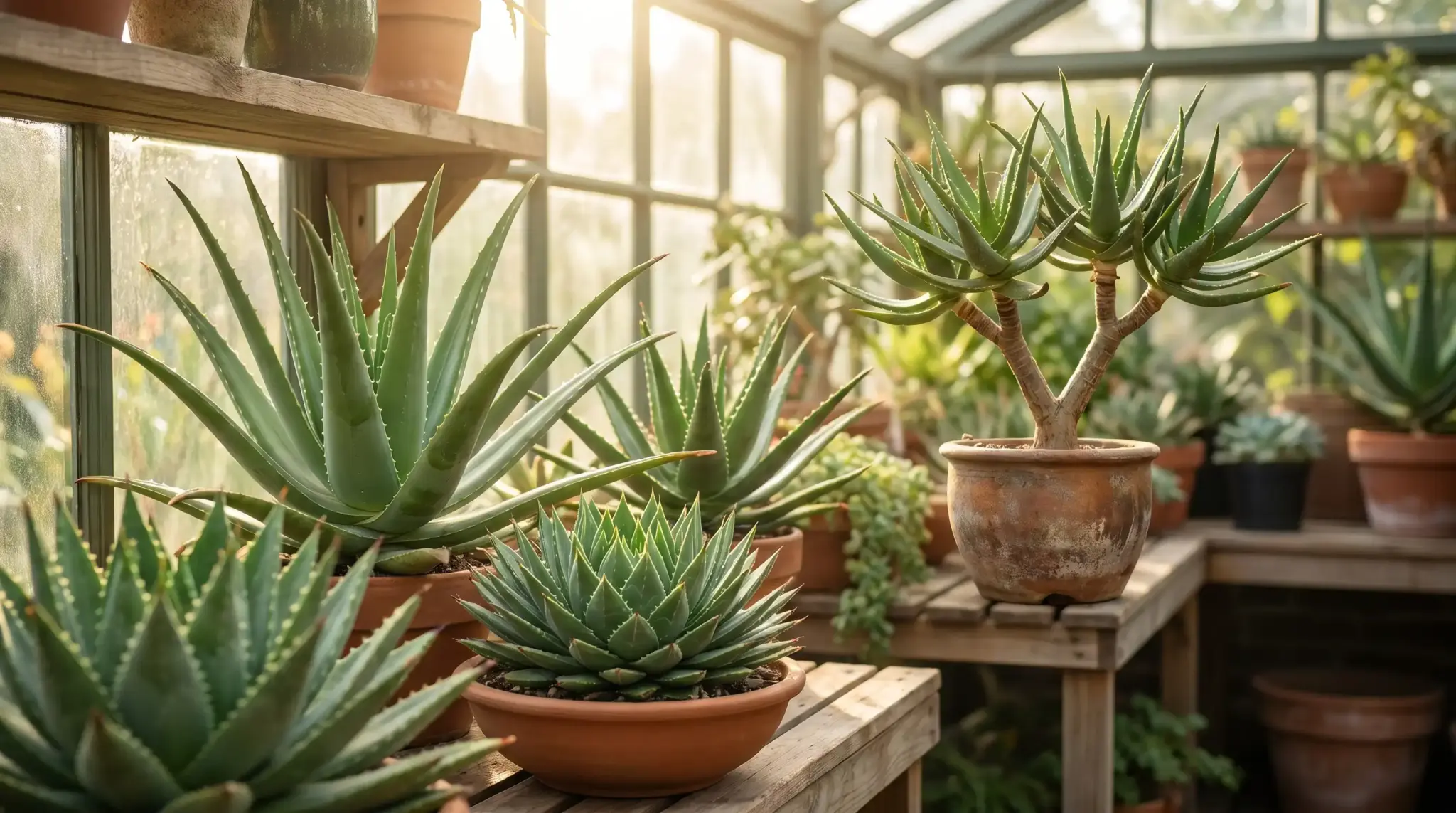Variety of types of aloe plants displayed in pots showing different shapes, sizes, and leaf textures indoors.