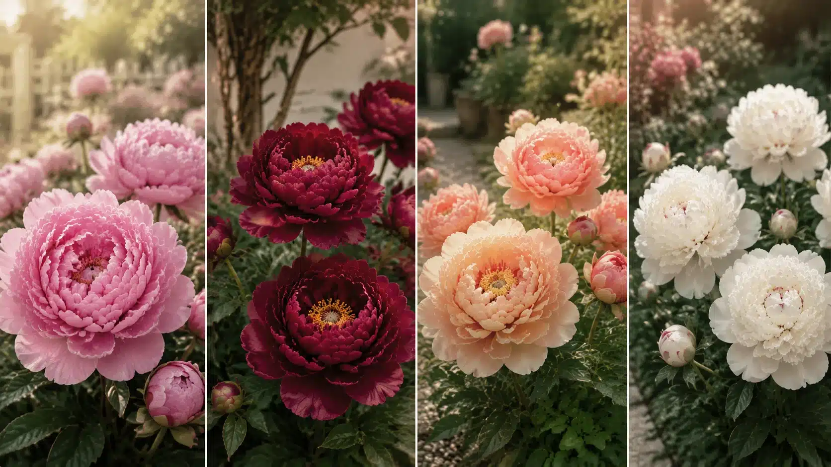 Four-panel aesthetic image showing different types of peonies with pink, burgundy, peach, and white blooms in a garden setting.