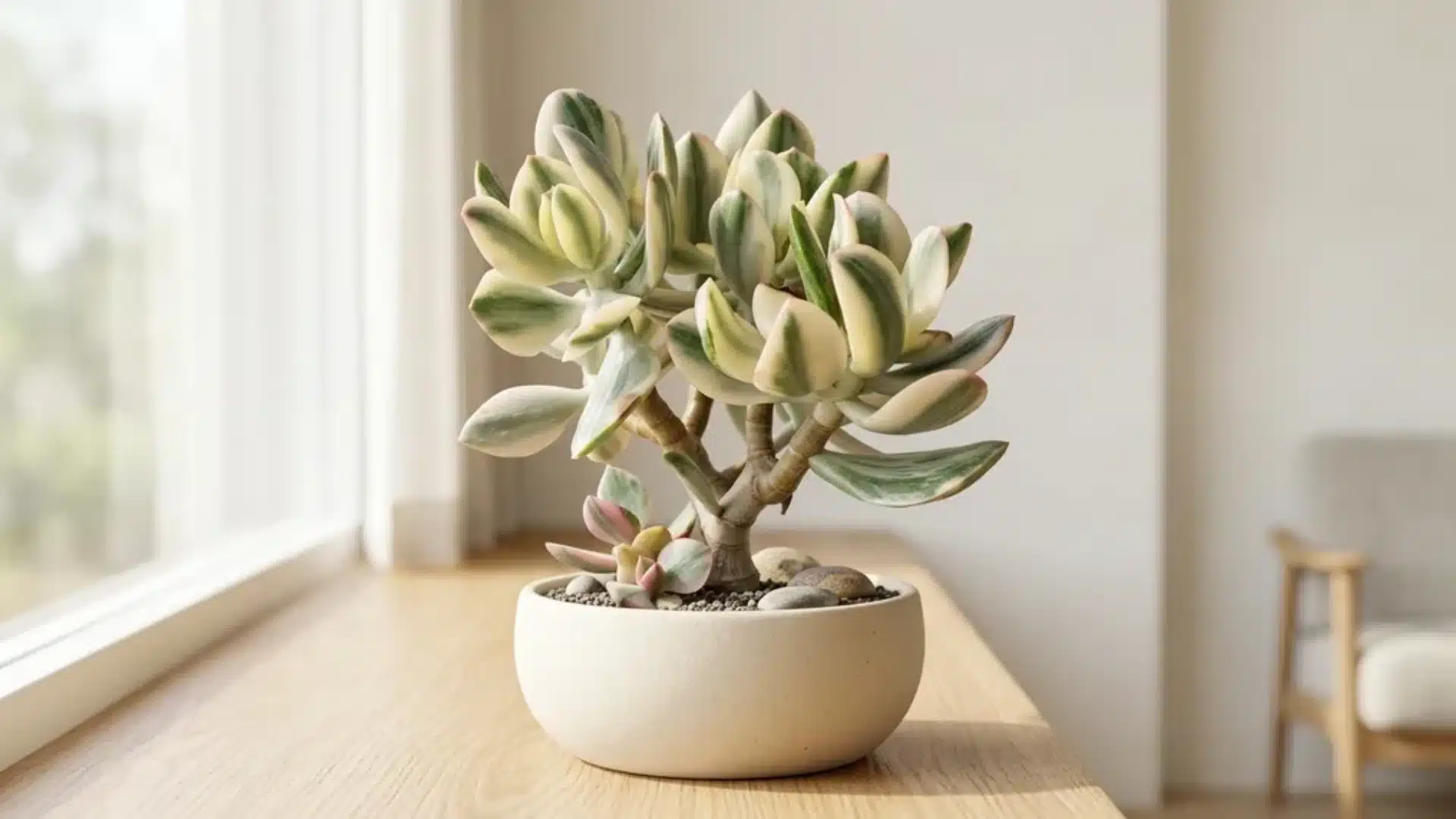 Variegated jade with green leaves streaked cream and yellow with pink edges in a decorative pot.