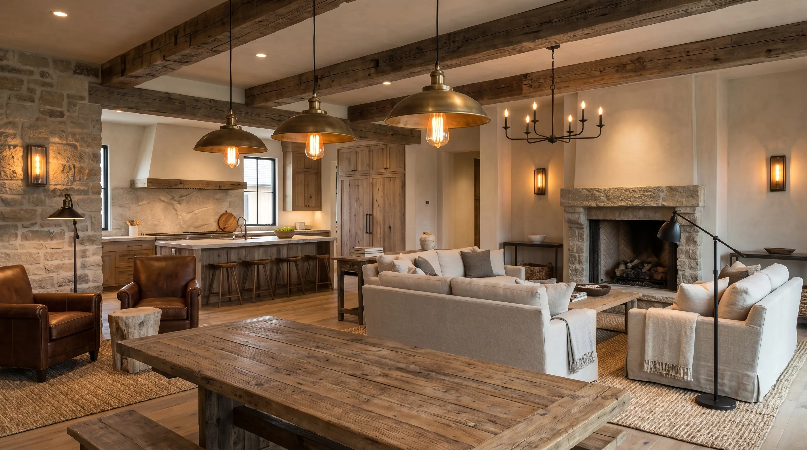 Modern rustic interior with vintage pendant lights and black metal fixtures