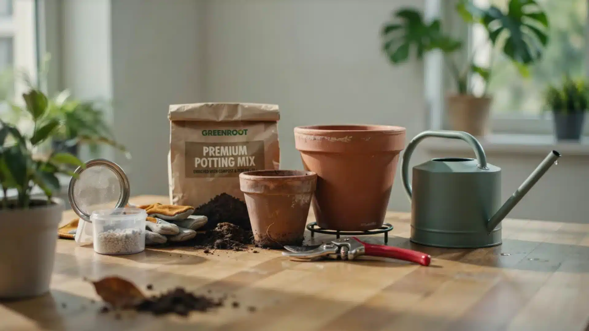 Potting mix, terracotta pots, watering can, gloves, and pruning shears arranged for repotting plants.