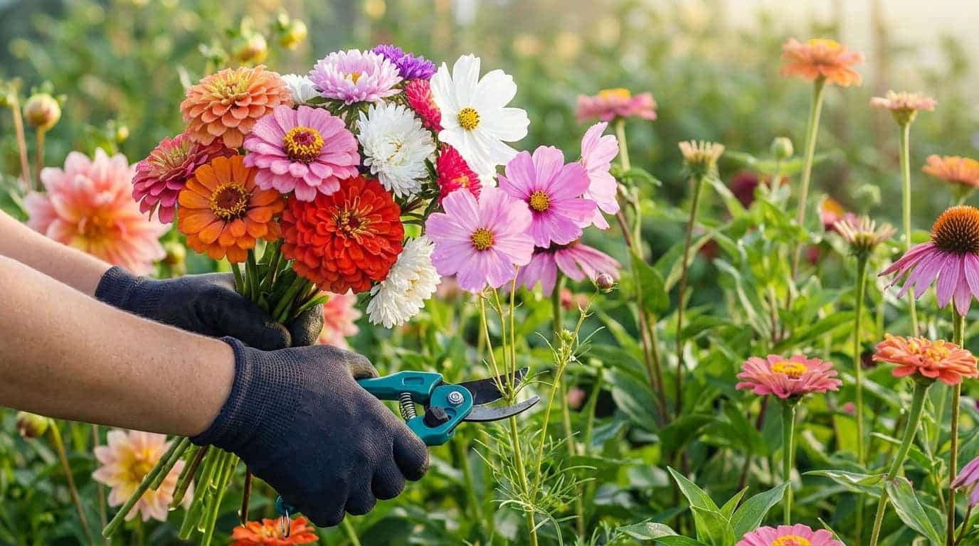 Gardener cutting fresh zinnias and cosmos flowers from a cut flower garden