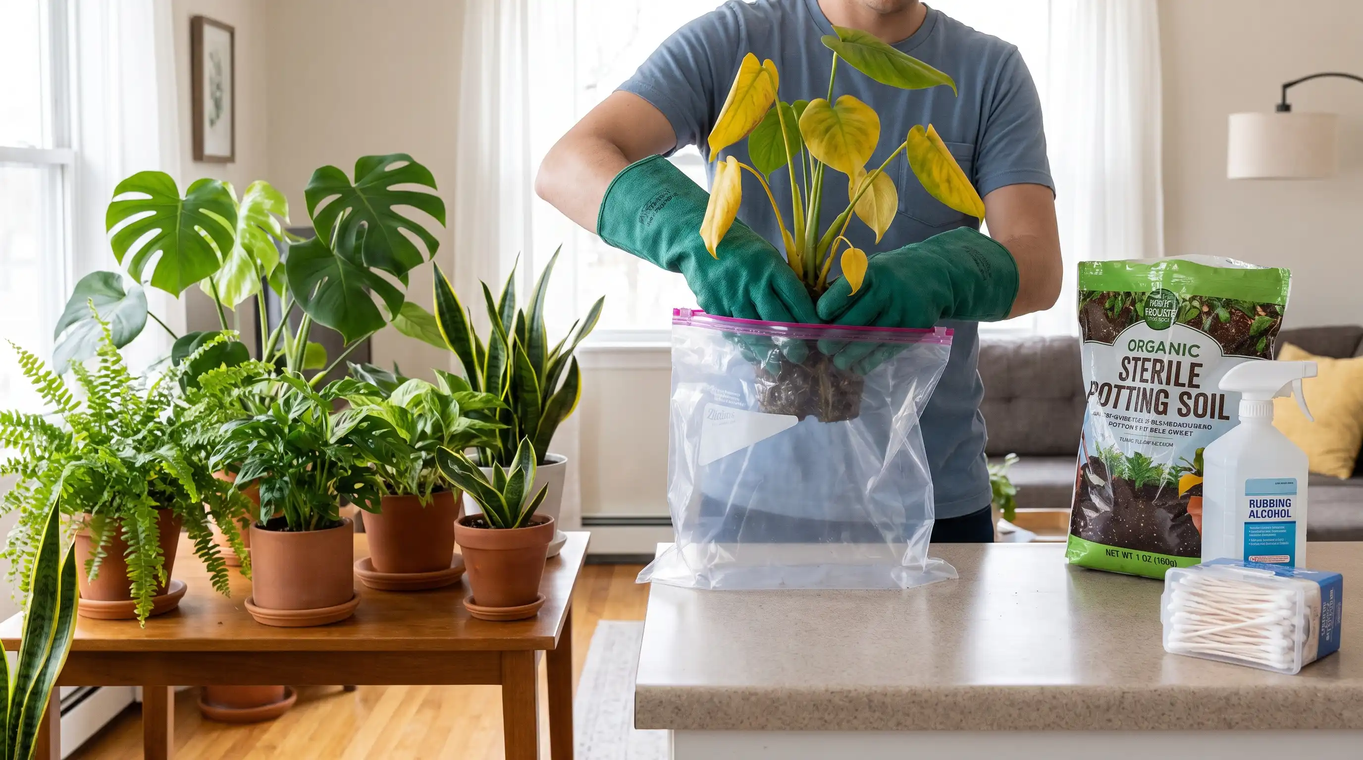 Person repotting a yellowing indoor plant into a bag with soil, gloves, and pest control supplies on table.