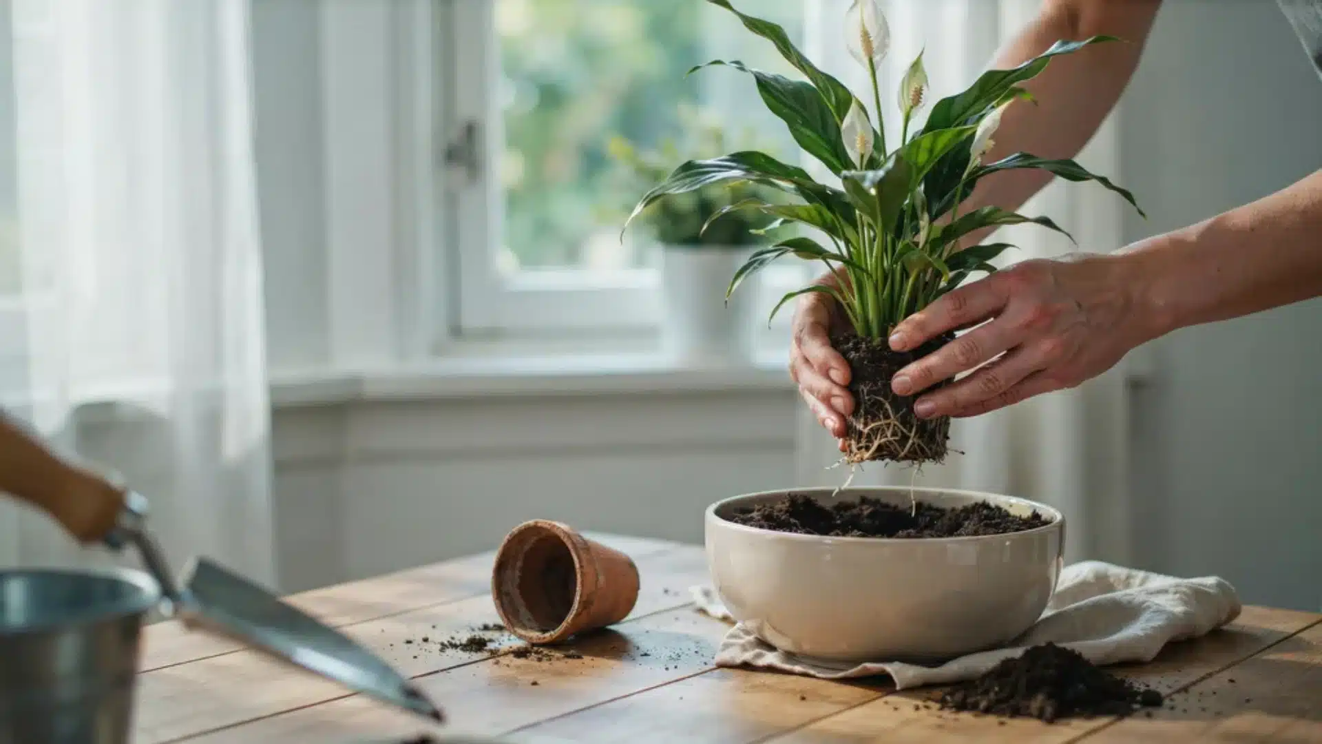 Hands repotting a peace lily into fresh soil beside a bright window.