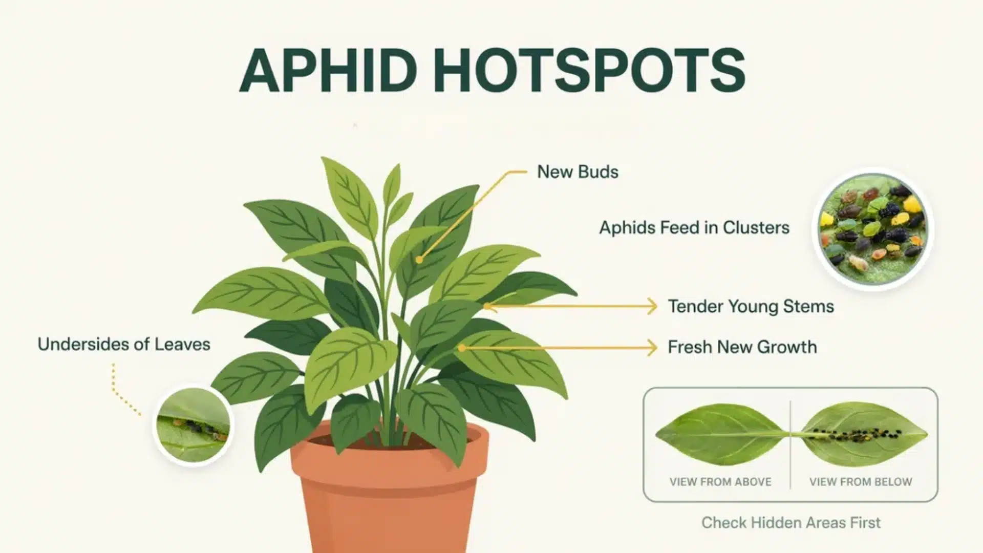 Diagram of a potted plant showing aphid hotspots on leaves, buds, stems, and undersides where they commonly gather.