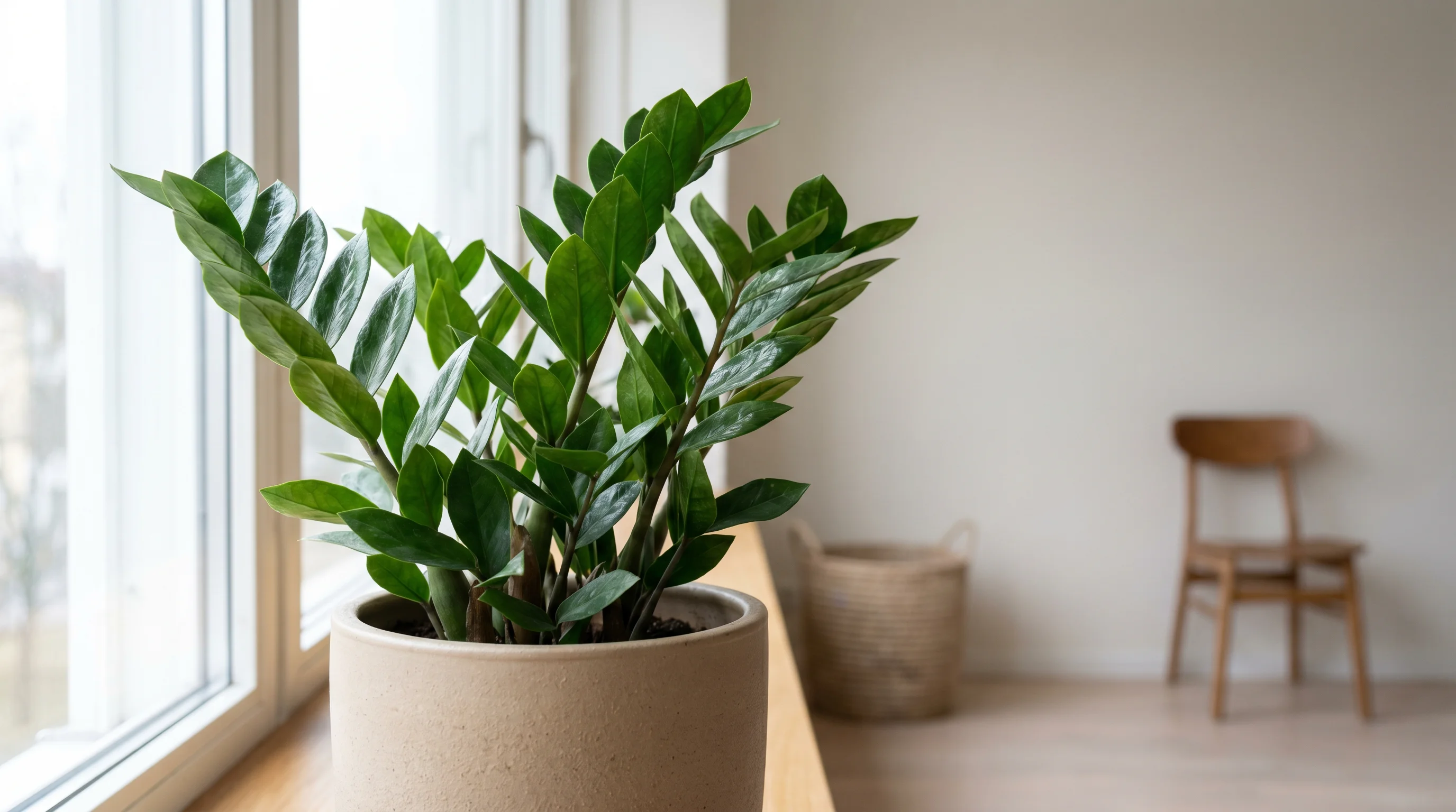 ZZ plant displayed as one of the best north facing window plants thriving in soft indirect indoor light conditions.