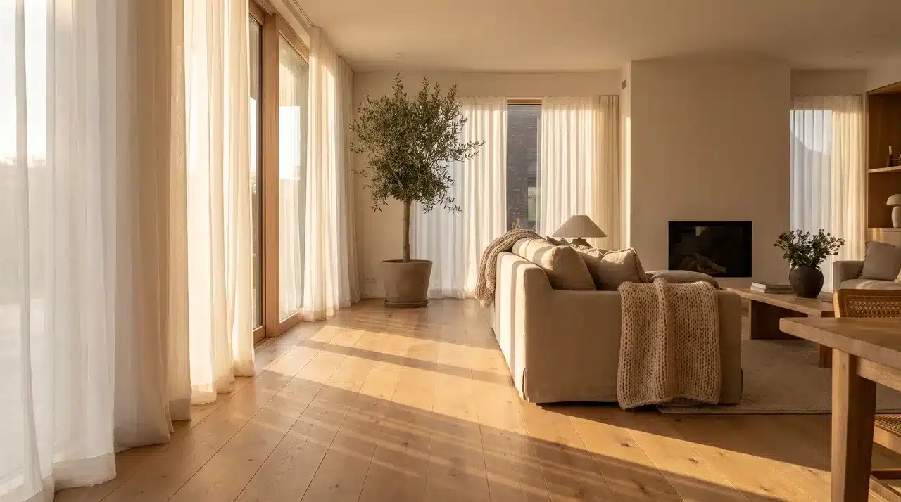Sunlit living room with large windows, sheer curtains, and natural wood interiors
