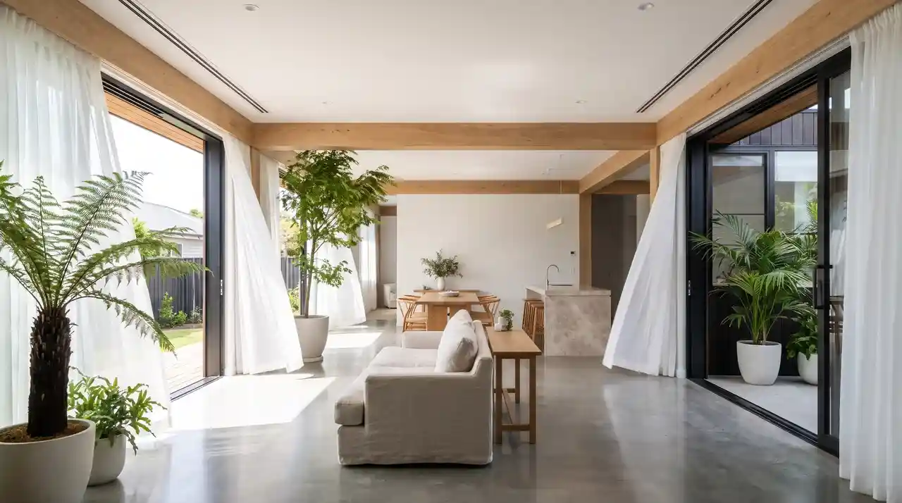 Open living space with large windows, plants, and natural airflow through open doors