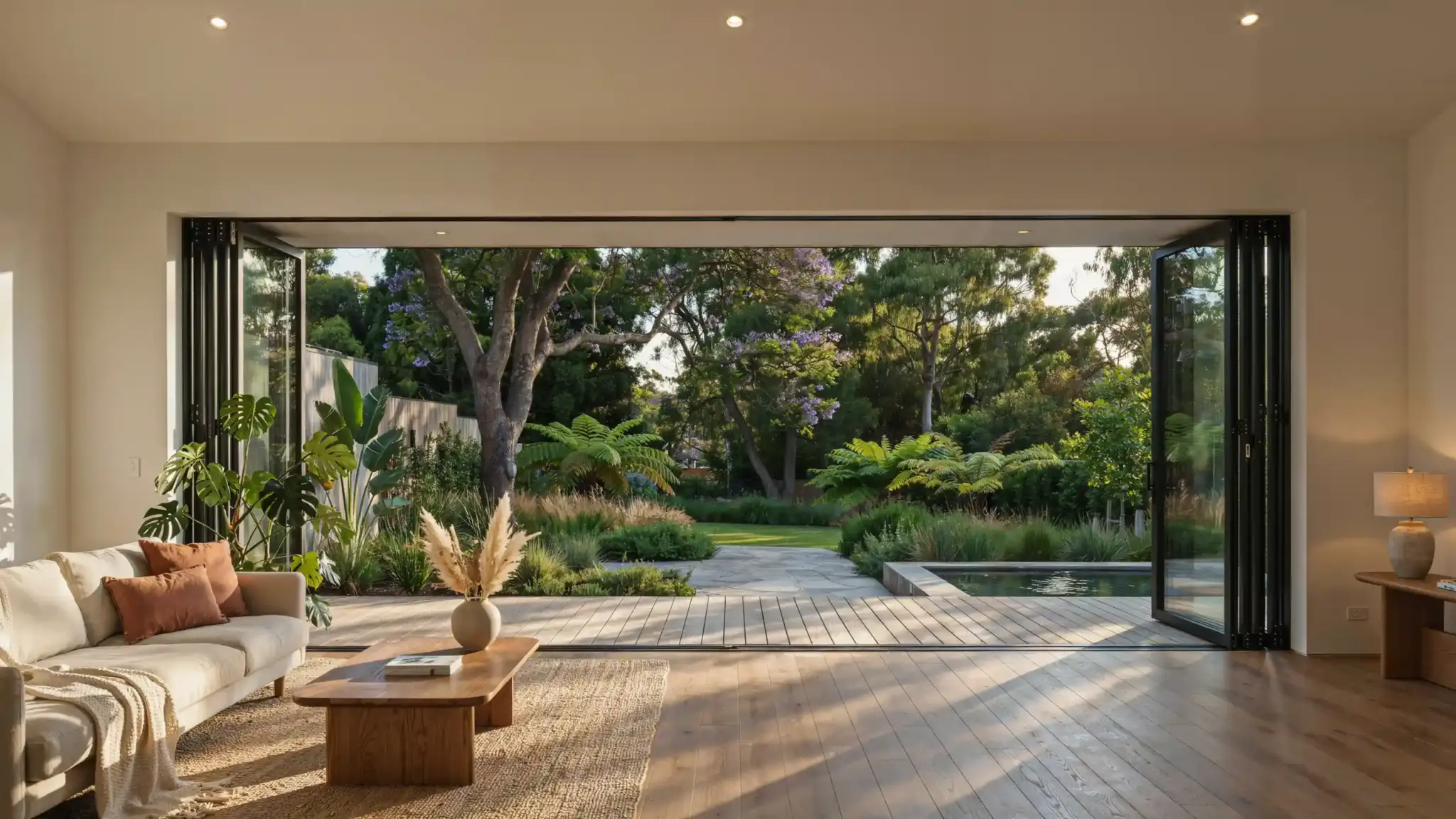 Living room with wide glass doors opening to a garden and outdoor living space