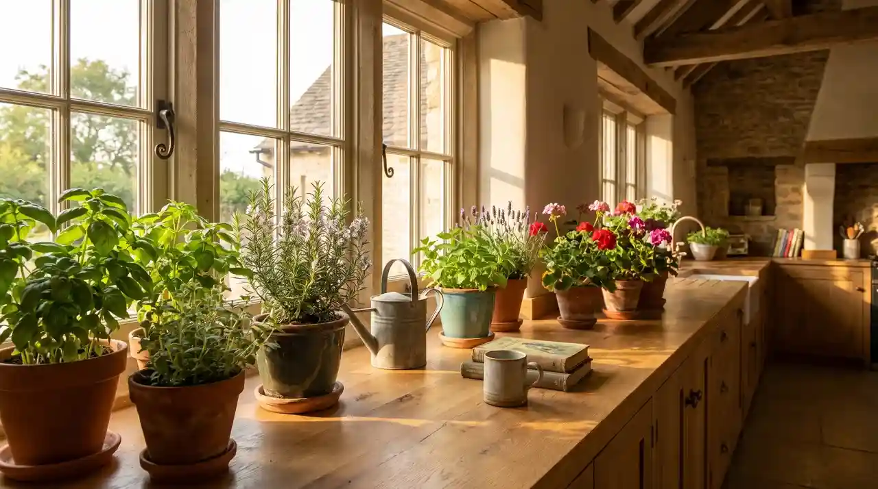 Kitchen with herb plants by windows, natural wood surfaces, and fresh greenery