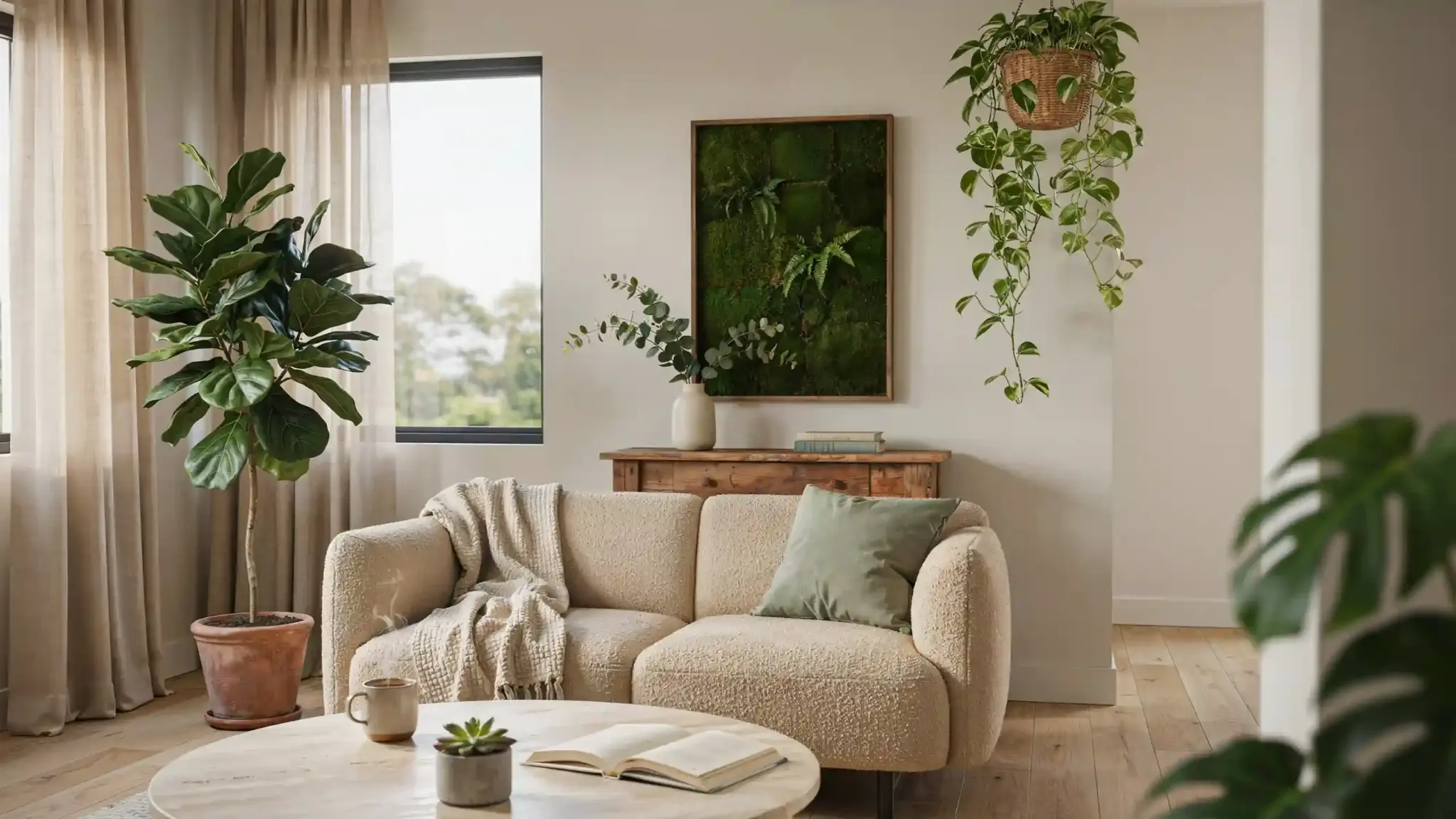 Living room with indoor plants, green wall art, and natural textures for biophilic design