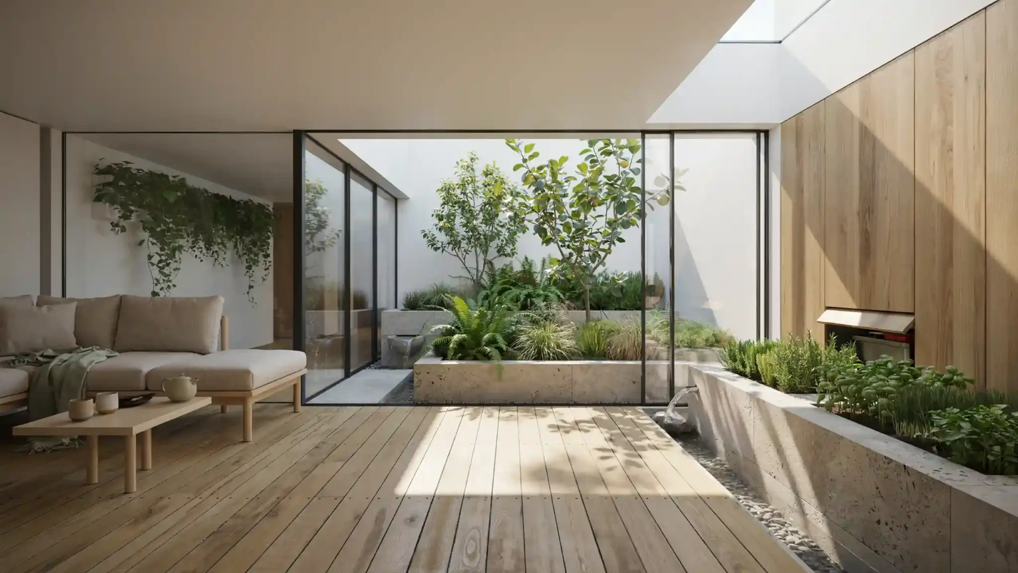 Modern home with indoor garden, glass walls, and natural living systems