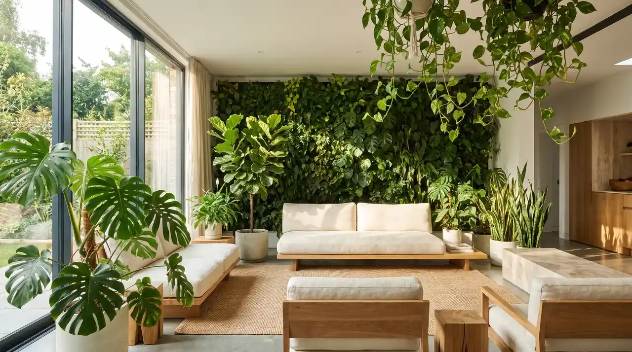 Living room with indoor plants, green wall, and natural wood decor