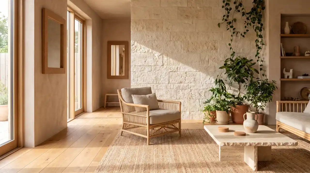Living room with natural stone wall, wood flooring, and rattan furniture
