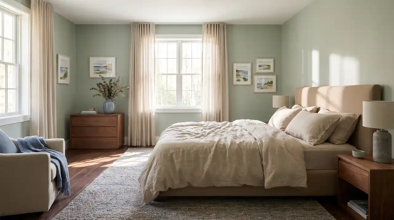 Bedroom with soft green walls, natural light, and neutral decor colors