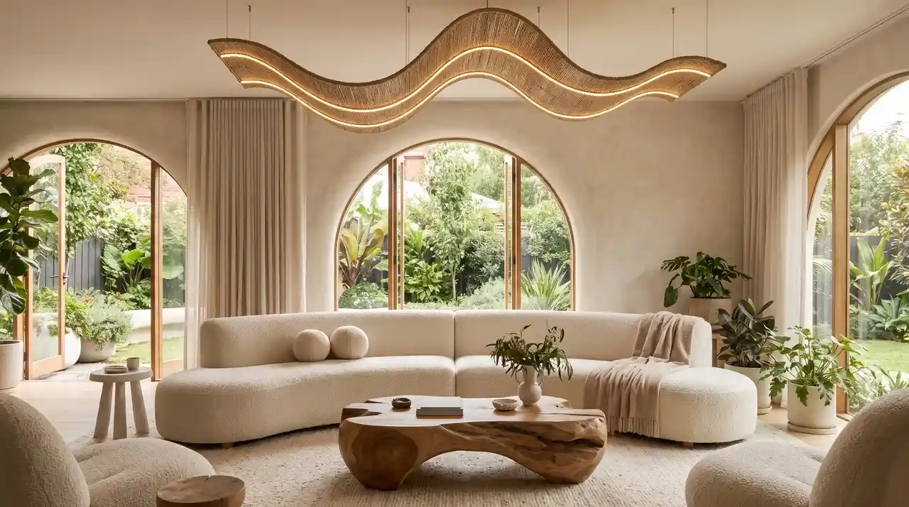 Living room with curved furniture, arched windows, and organic natural forms