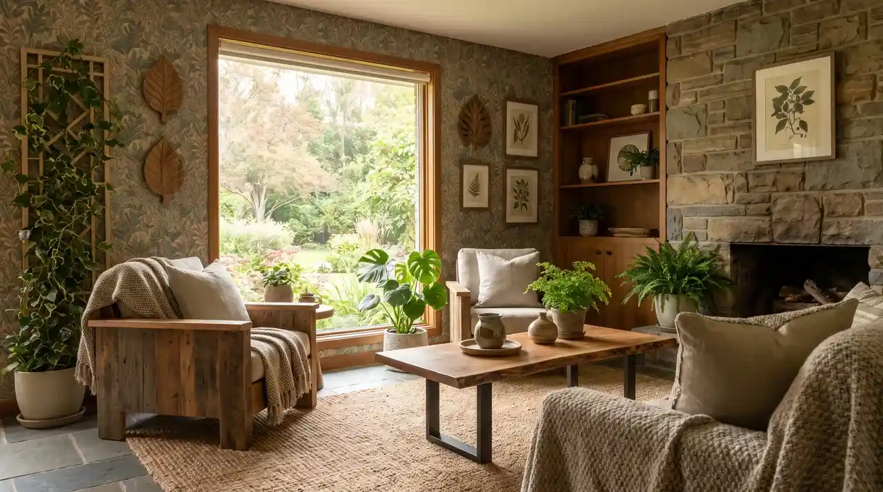 Living room with botanical patterns, textured fabrics, and natural wood details