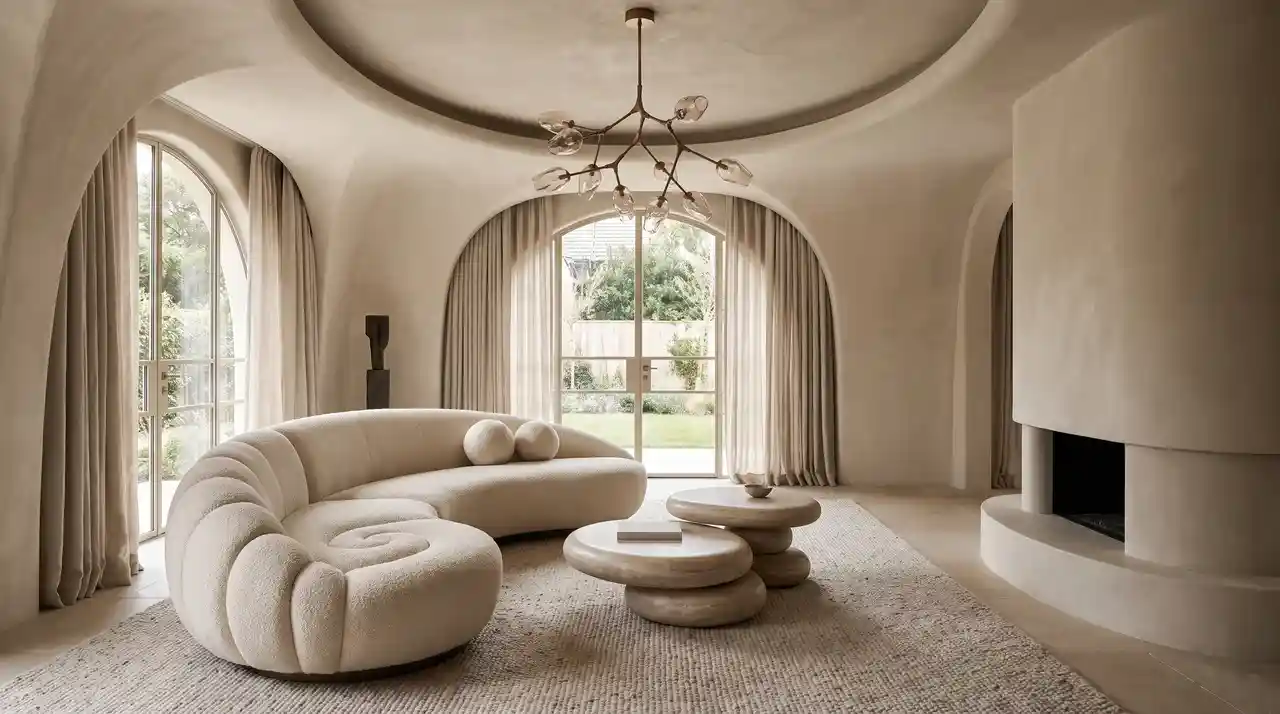 Living room with curved furniture, rounded architecture, and biomorphic design elements