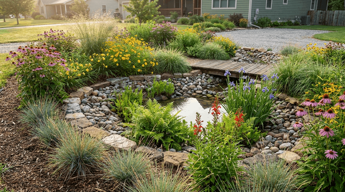 Thriving rain garden with native perennials, grasses, and shrubs arranged across wet, transitional, and dry planting zones.