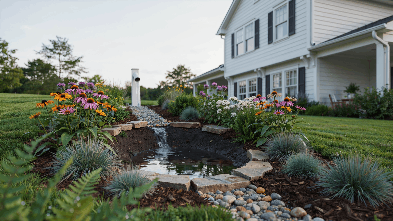 Residential rain garden capturing roof runoff with native plants, river rocks, and water filtration system after rainfall.