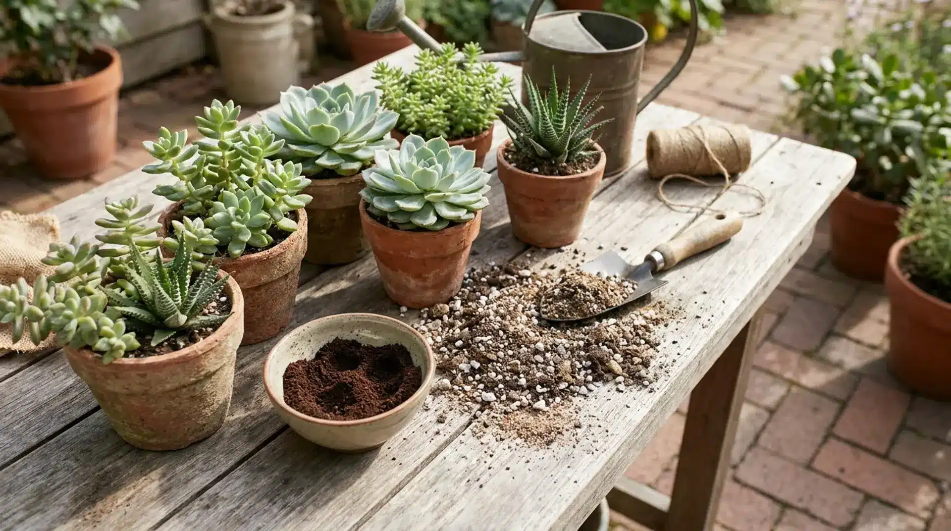 Succulents with coffee grounds and gritty soil showing plant care considerations.