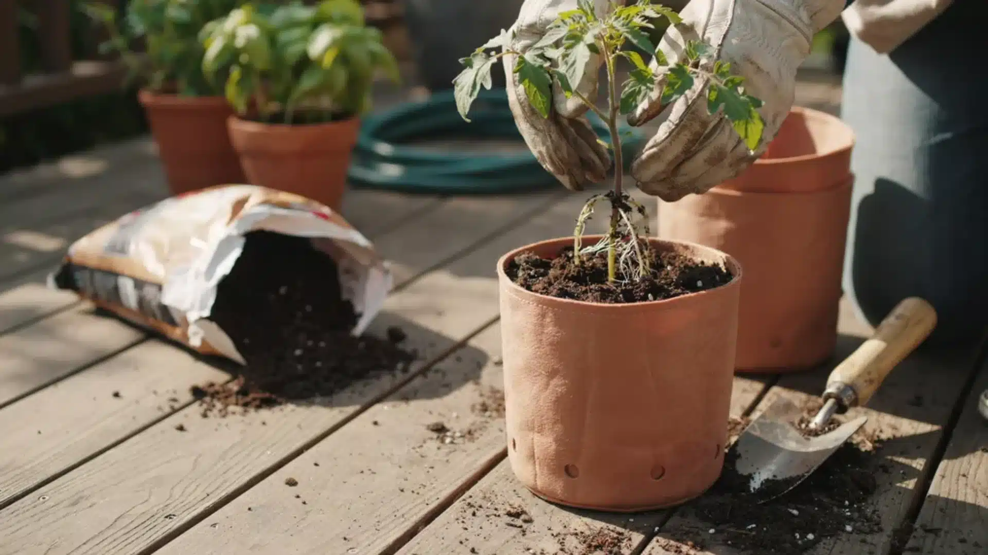 A tomato seedling being transplanted into a terracotta container, with fresh potting soil spilling slightly as it is settled into place.