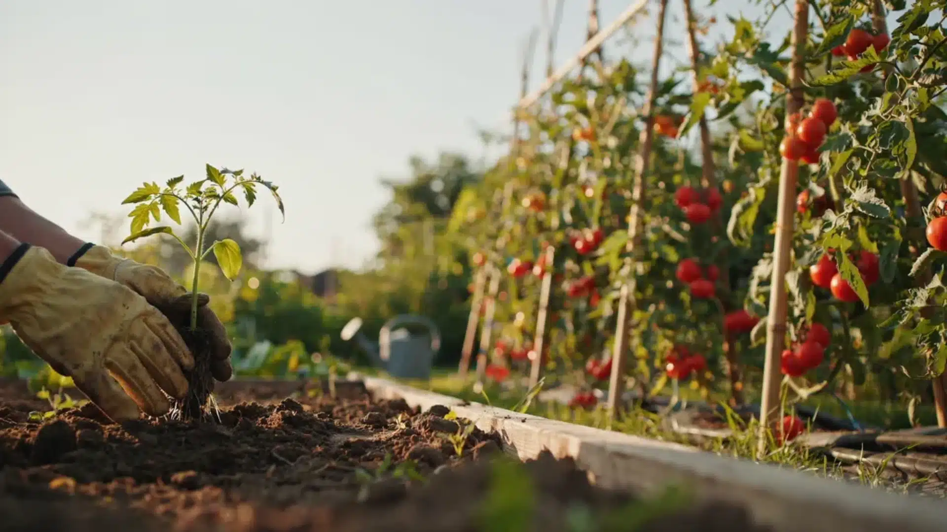 A gardener planting a young tomato seedling into rich garden soil in a raised bed, with trellised tomato plants growing in the background.