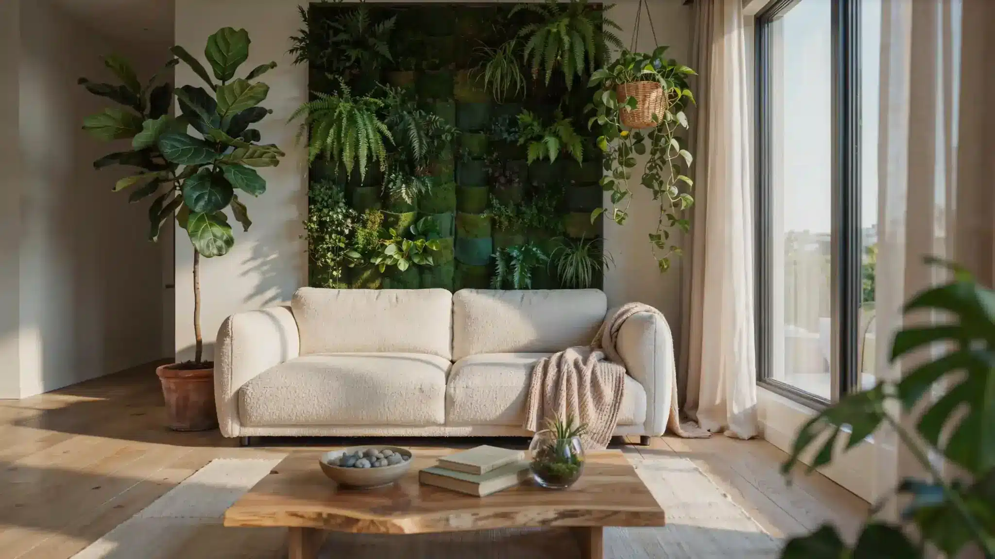 Living room with vertical garden wall, indoor plants, and natural wood furniture