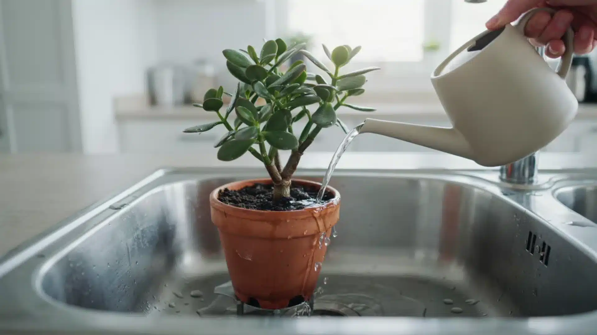 Watering jade plant in sink using watering can showing proper technique.