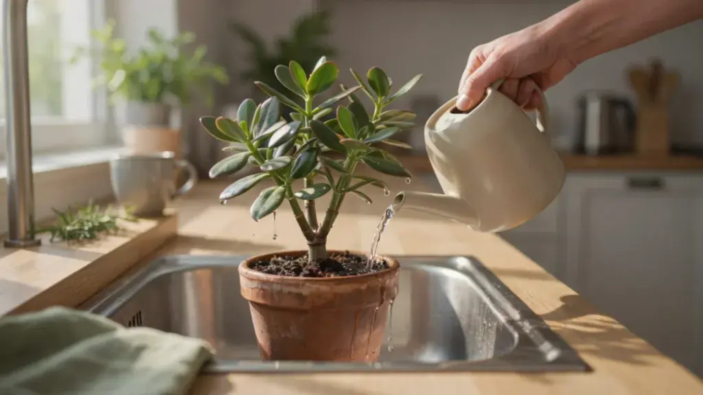 Watering jade plant in terracotta pot over kitchen sink with watering can.