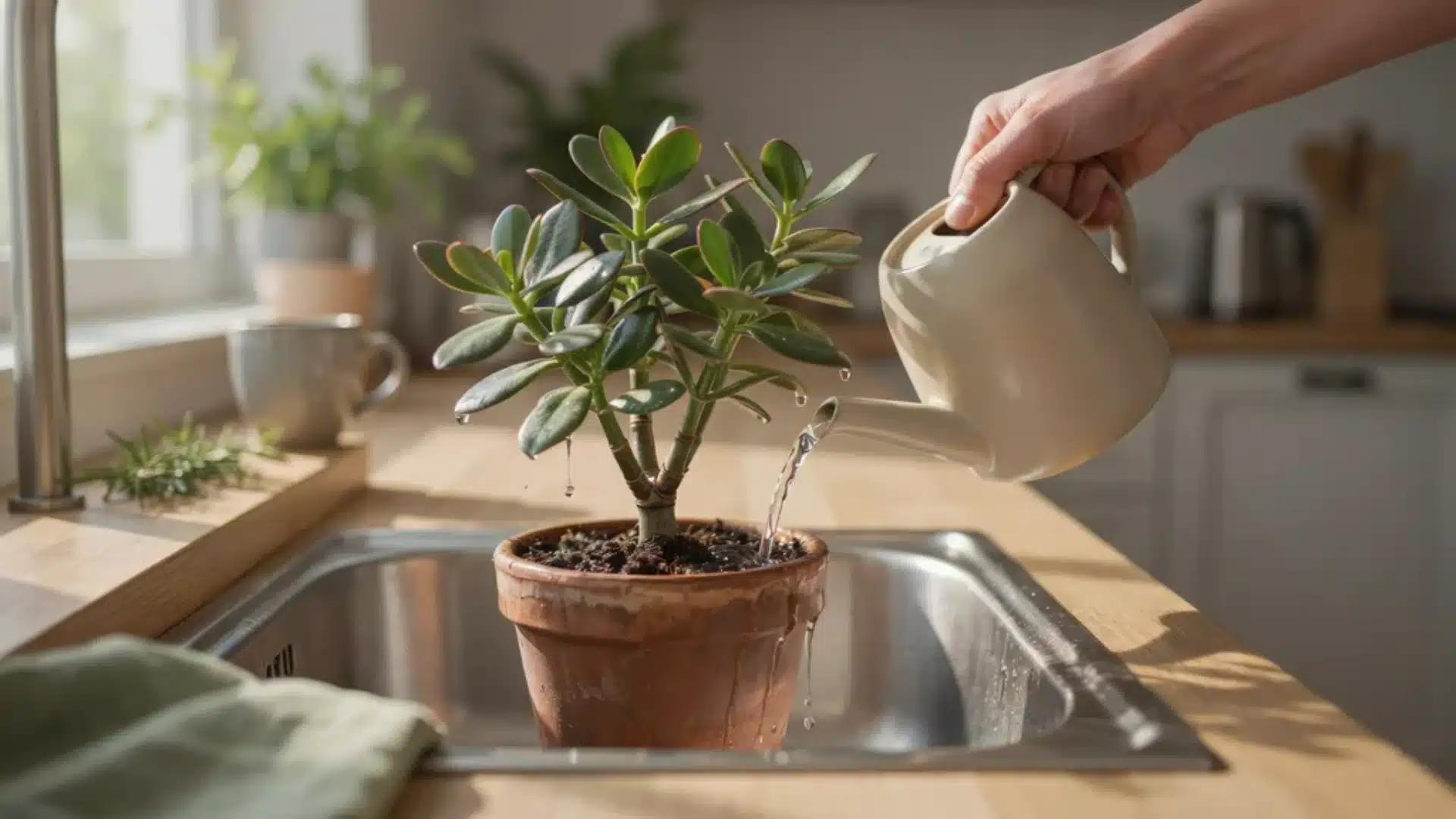 Watering jade plant in terracotta pot over kitchen sink with watering can.