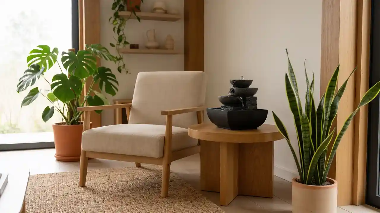 Living room with indoor fountain, plants, and natural wood furniture