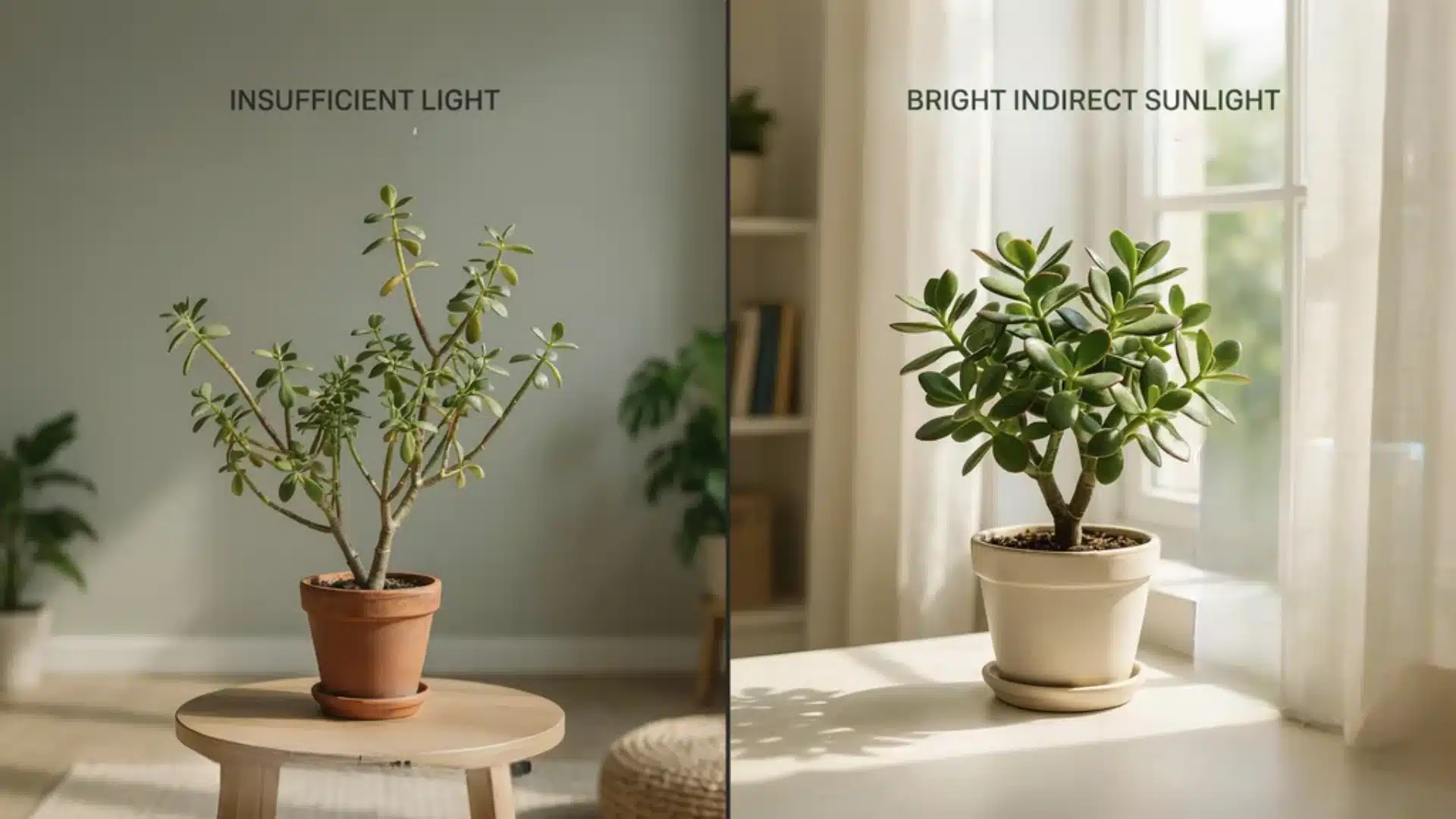 Indoor plant near a window showing effects of insufficient light and improved growth conditions.