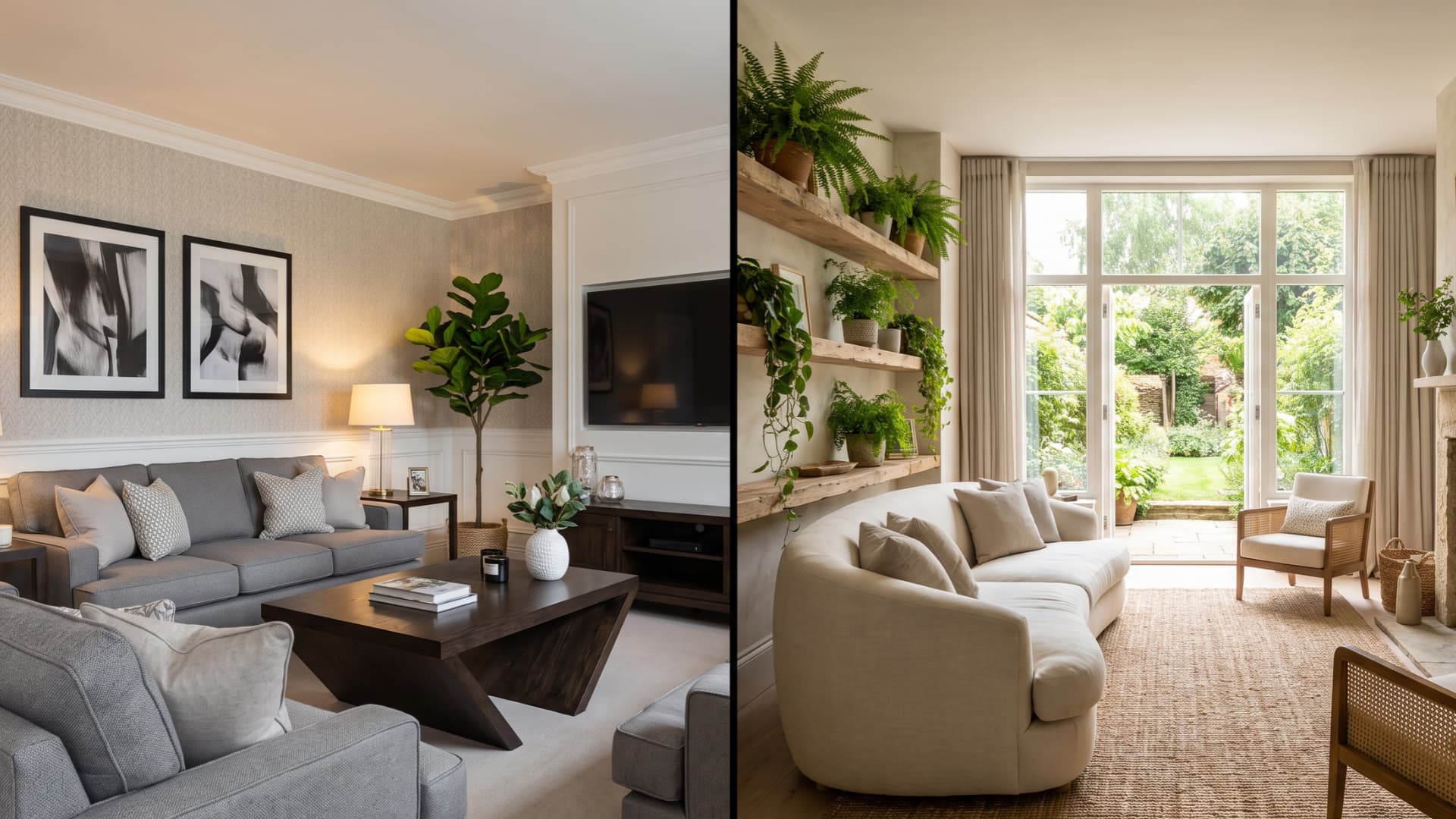 Split-screen comparison of a traditional gray living room and a modern biophilic living room with plants and natural light.