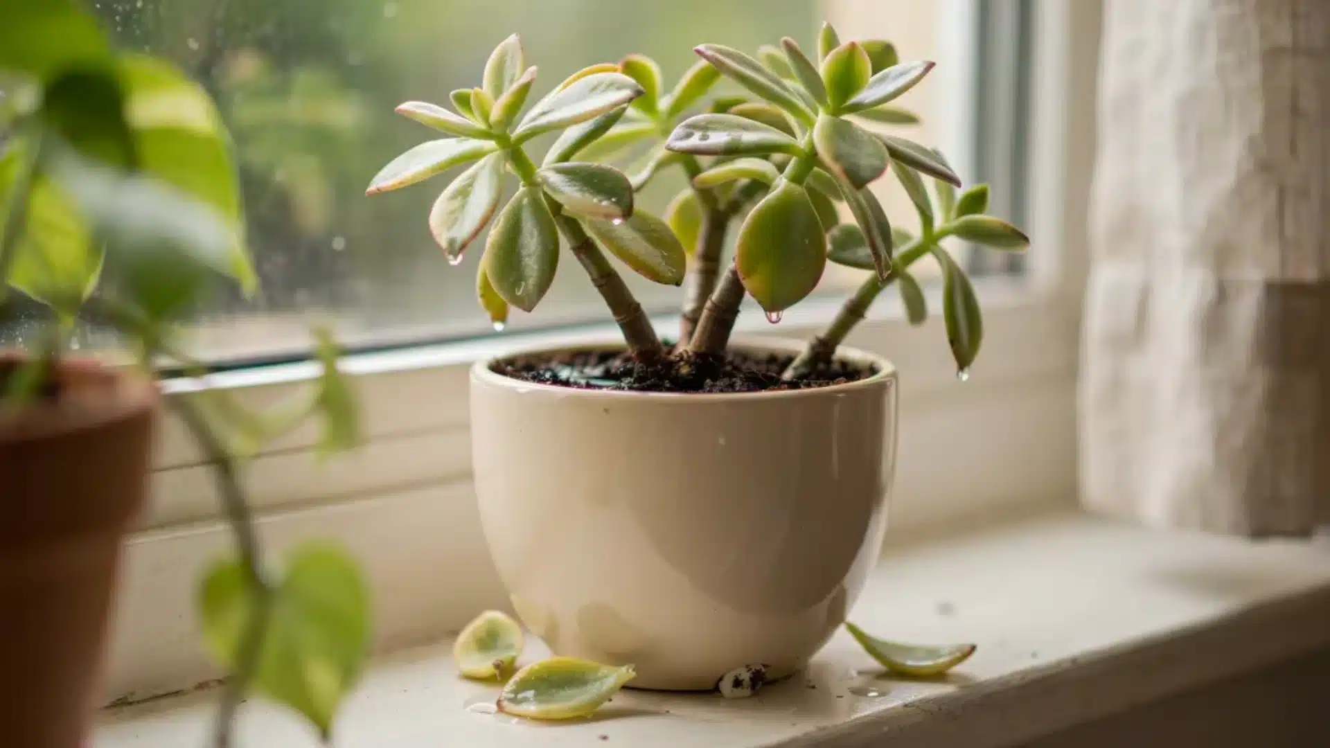 Houseplant with yellowing leaves sitting in overwatered soil inside a container.